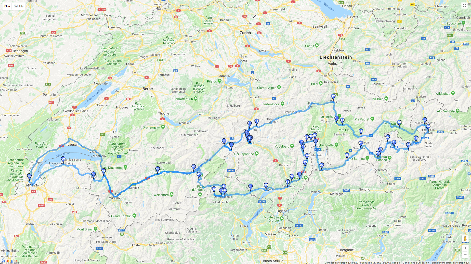 Pour zoomer sur la carte et avoir plus de détails, connectez-vous ! Carte roadbook Road Trip Sud-est de la Suisse
