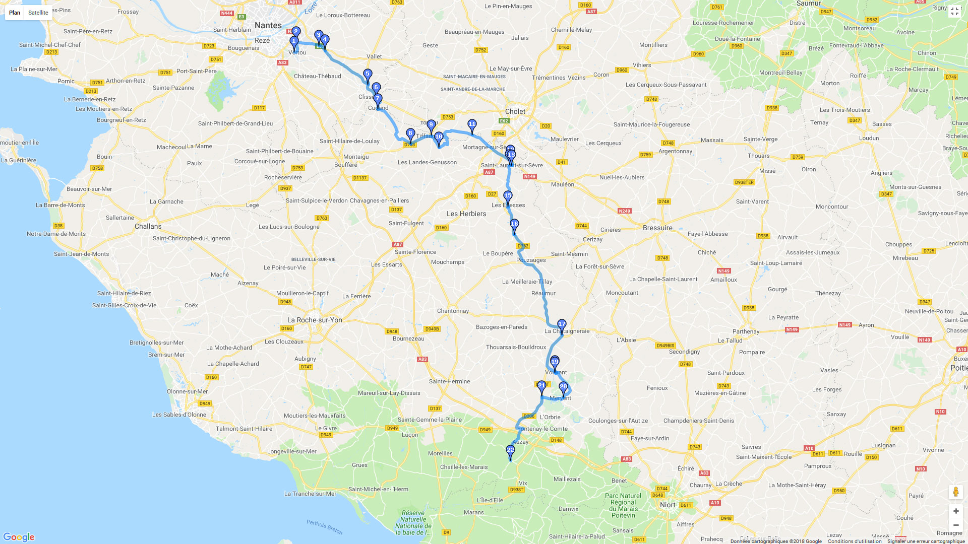 Pour zoomer sur la carte et avoir plus de détails, connectez-vous ! Carte roadbook Traversée du Pays de la Loire