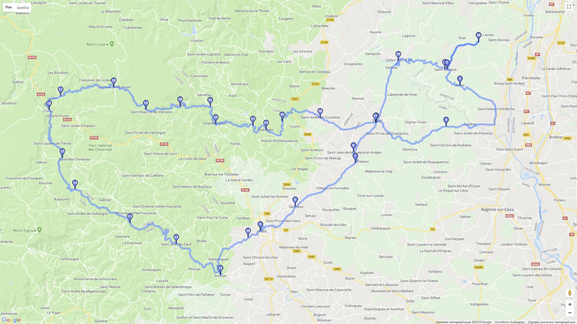 Pour zoomer sur la carte et avoir plus de détails, connectez-vous ! Carte roadbook Escapade en Lozère par la corniche des Cévennes