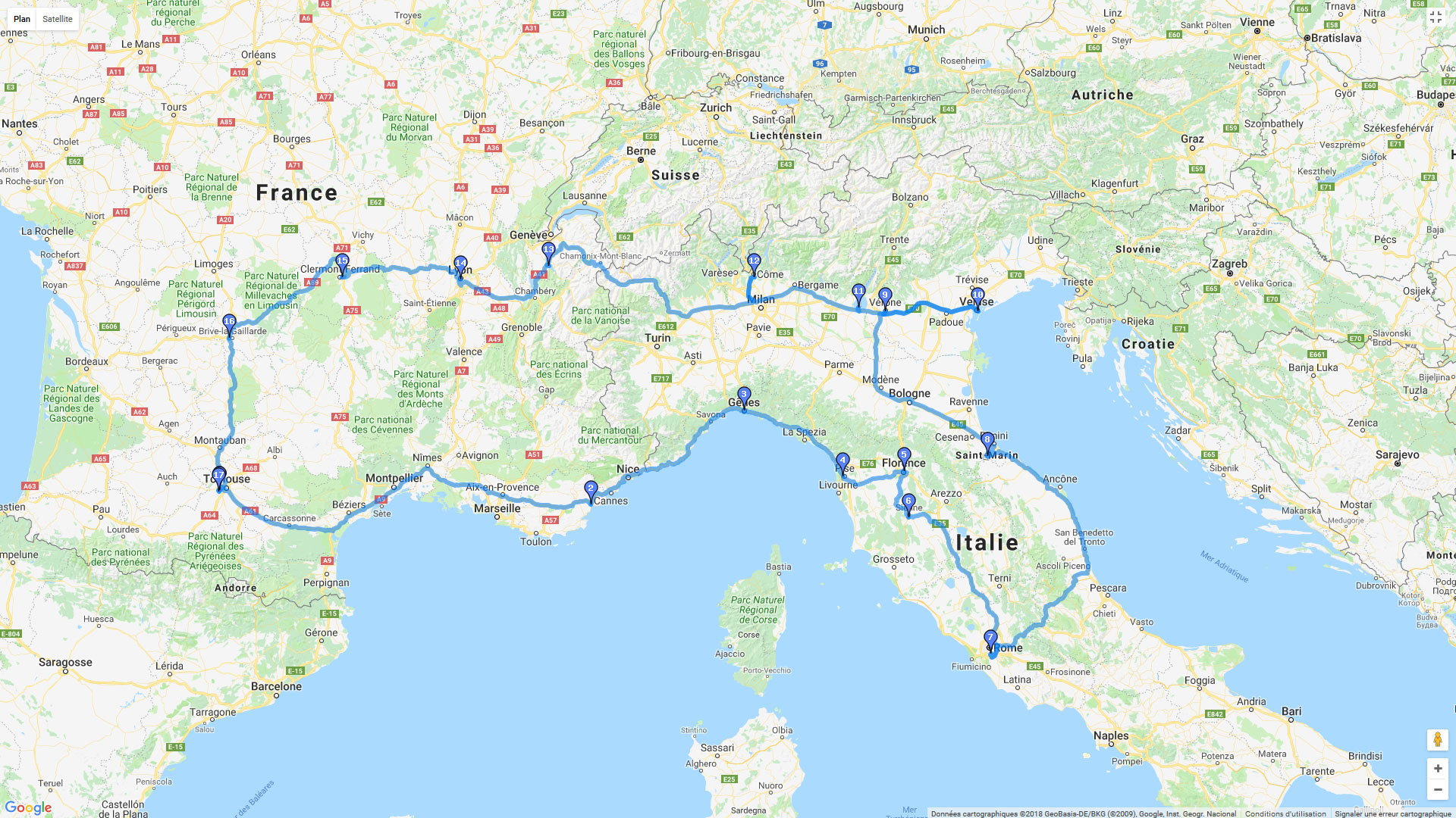 Pour zoomer sur la carte et avoir plus de détails, connectez-vous ! Carte roadbook Toulouse - Rome - Annecy