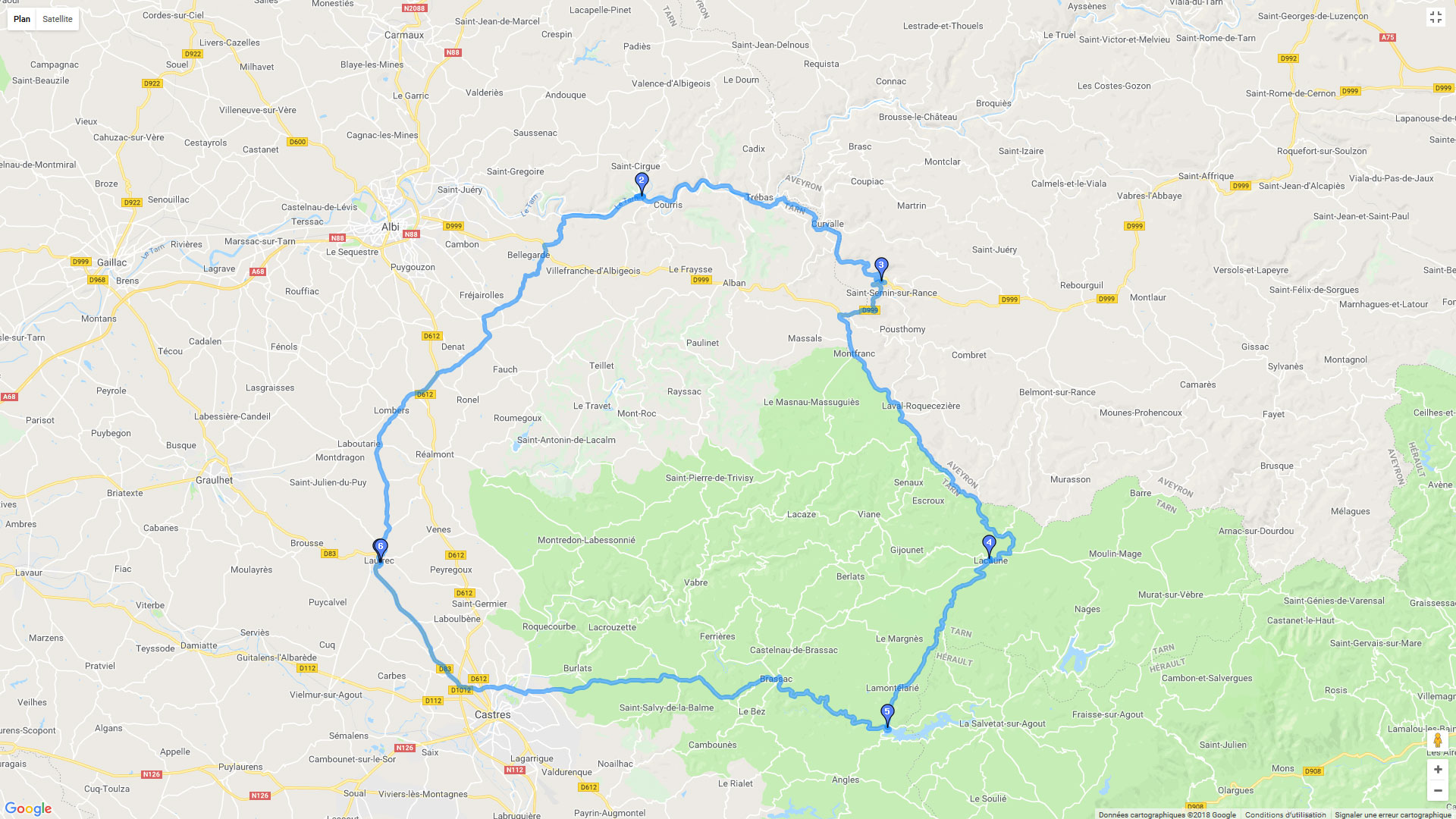 Pour zoomer sur la carte et avoir plus de détails, connectez-vous ! Carte roadbook Vallée du Tarn et Mont de Lacaune
