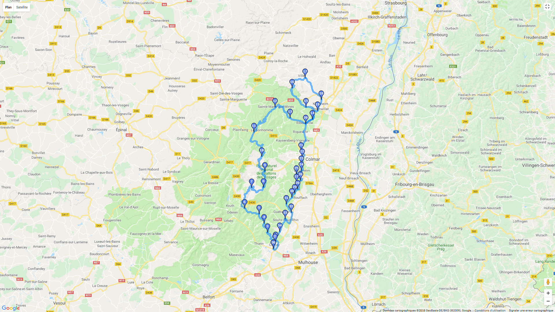 Pour zoomer sur la carte et avoir plus de détails, connectez-vous ! Carte roadbook Cols des Vosges