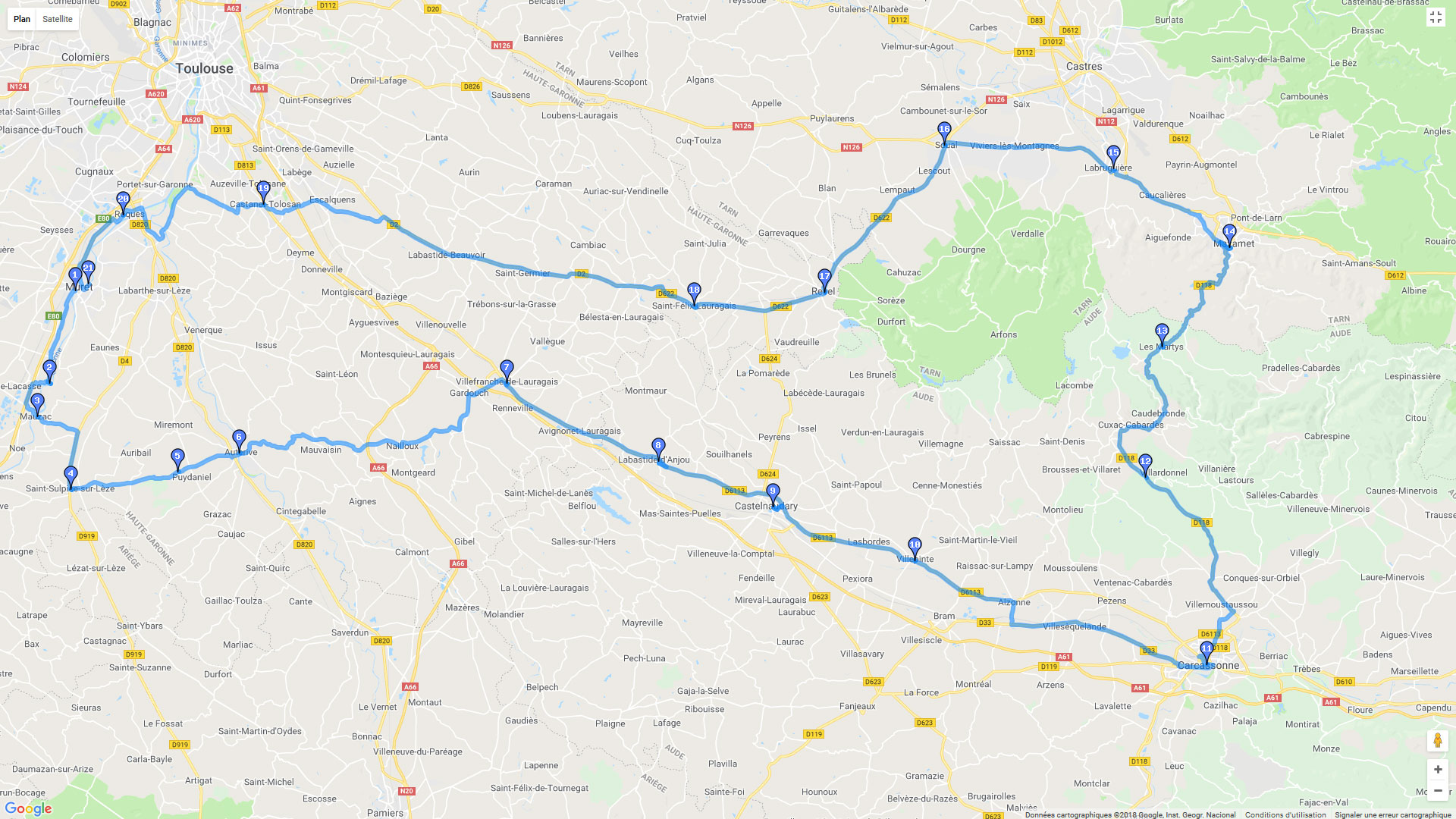 Pour zoomer sur la carte et avoir plus de détails, connectez-vous ! Carte roadbook De Muret au parc du Haut-Languedoc