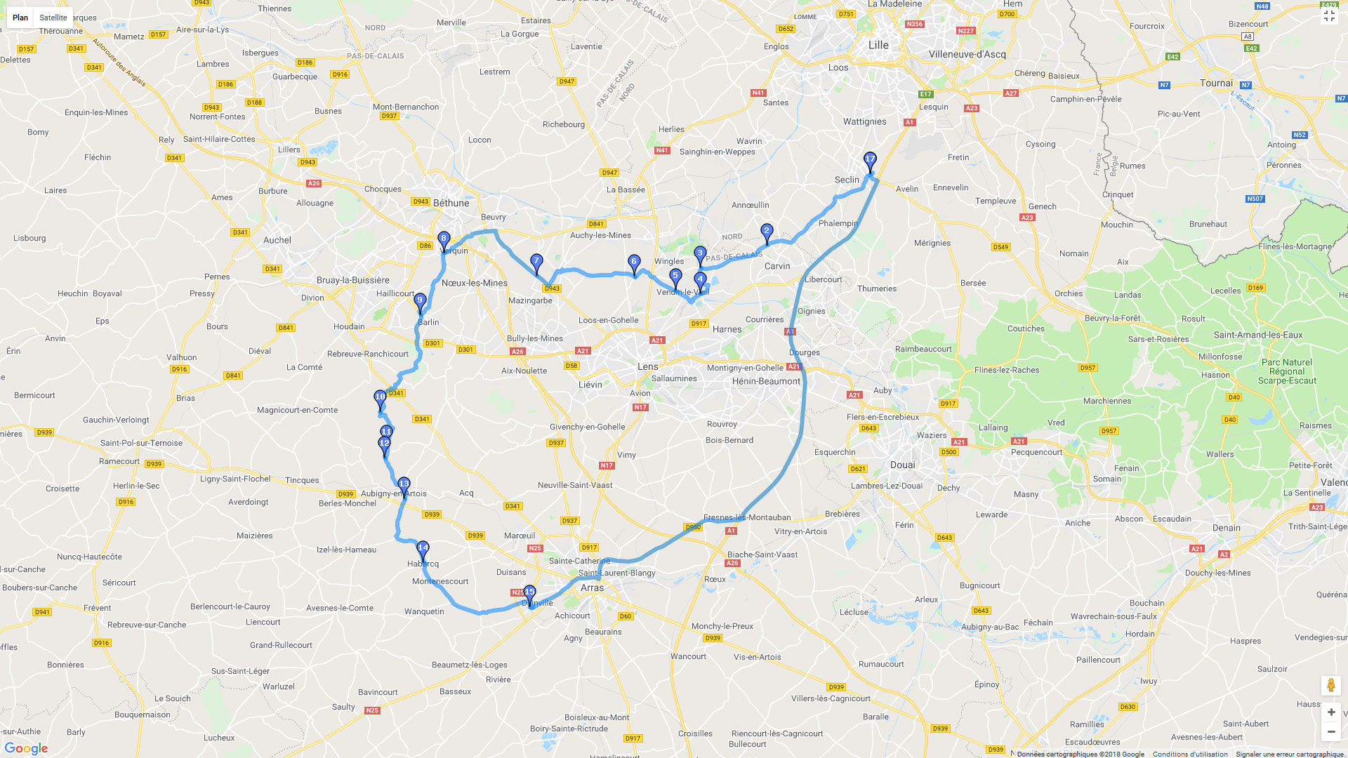 Pour zoomer sur la carte et avoir plus de détails, connectez-vous ! Carte roadbook De Seclin à Dainville