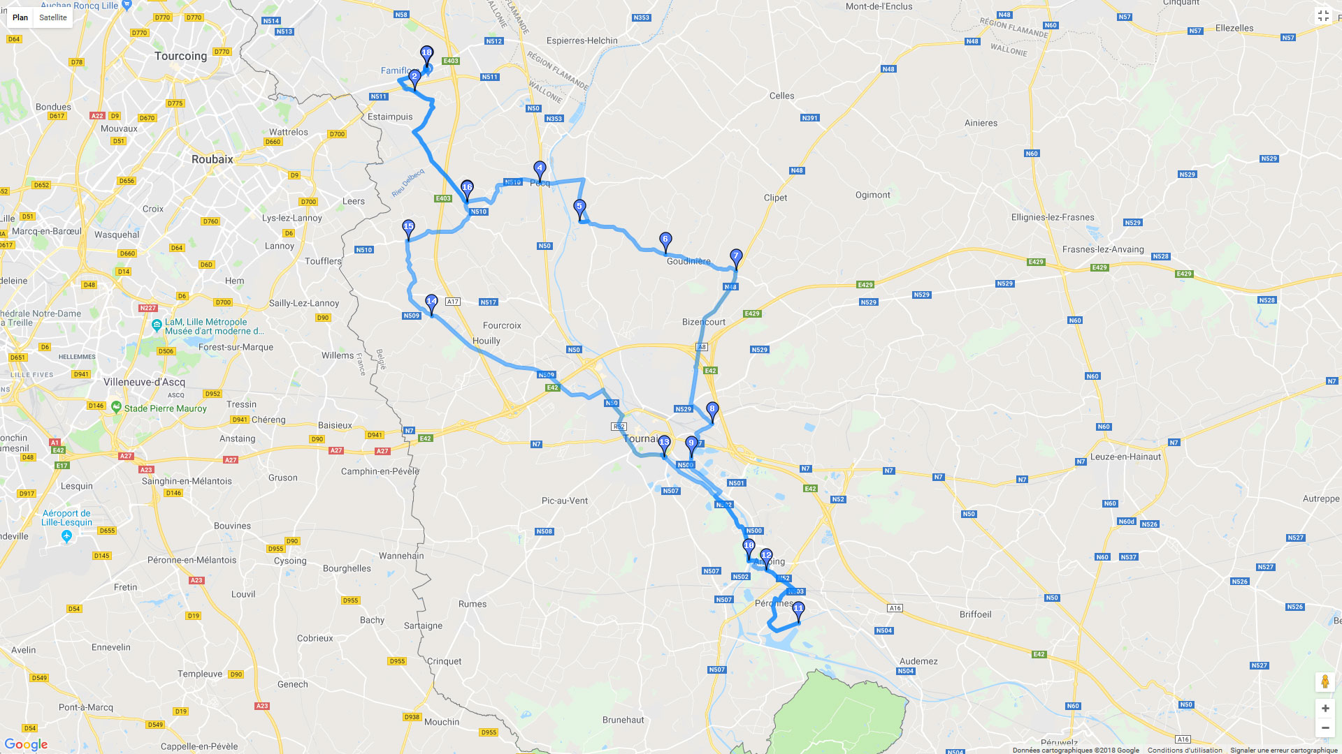 Pour zoomer sur la carte et avoir plus de détails, connectez-vous ! Carte roadbook Dottignies - Péronnes