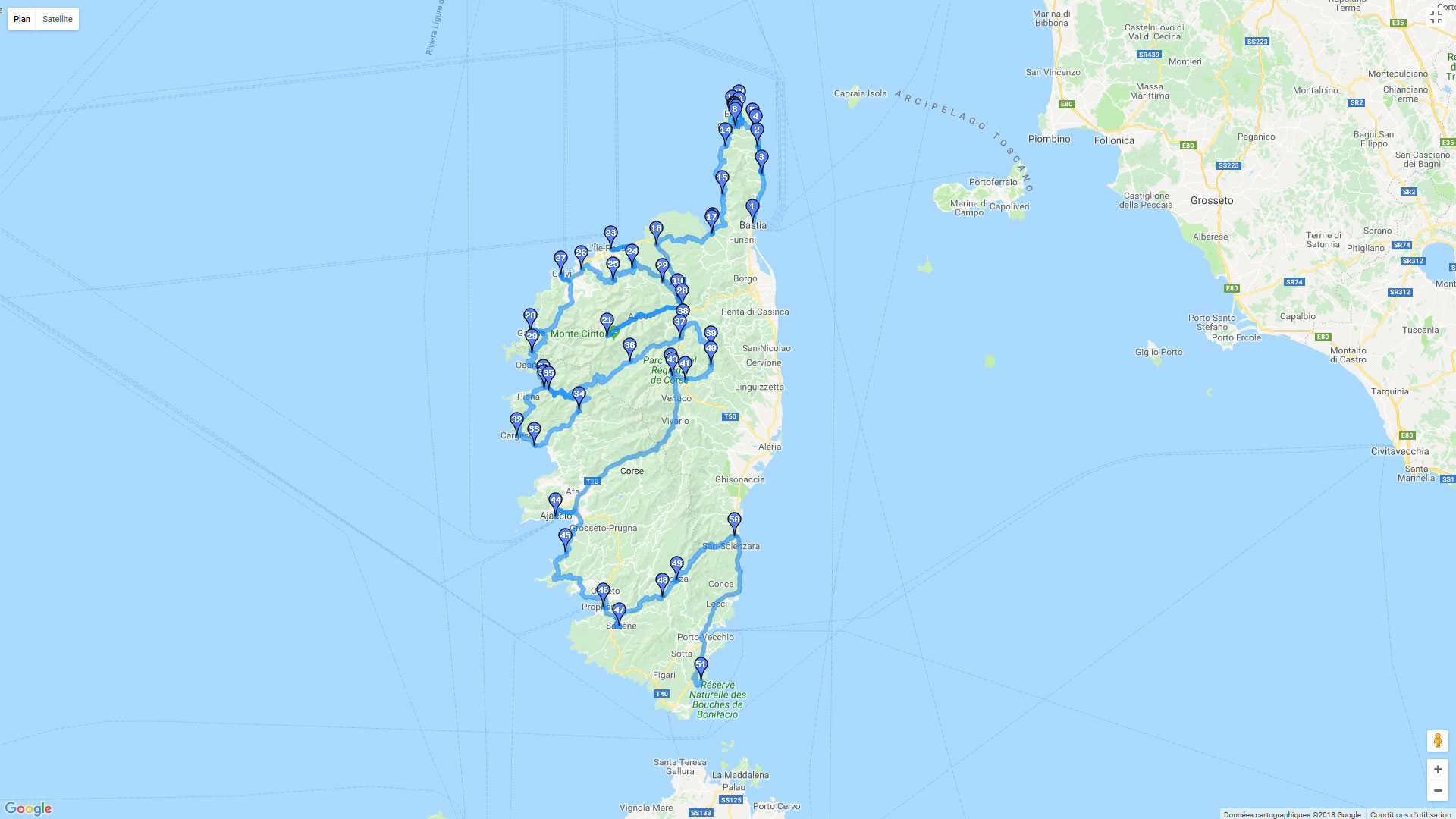 Pour zoomer sur la carte et avoir plus de détails, connectez-vous ! Carte roadbook Tour de Corse 2016