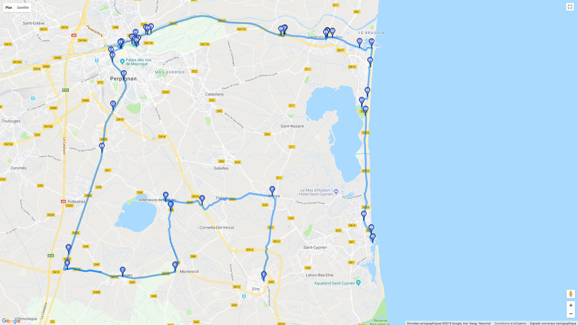 Pour zoomer sur la carte et avoir plus de détails, connectez-vous ! Carte roadbook Boucle Perpignanaise