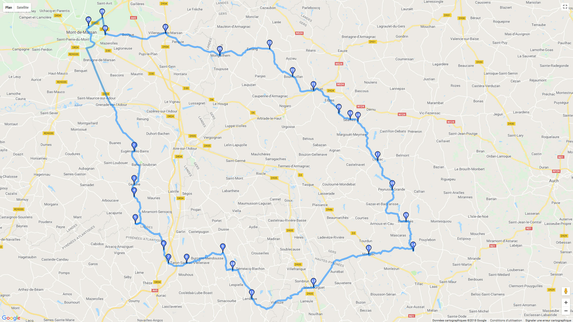 Pour zoomer sur la carte et avoir plus de détails, connectez-vous ! Carte roadbook Autour de Mont-de-Marsan