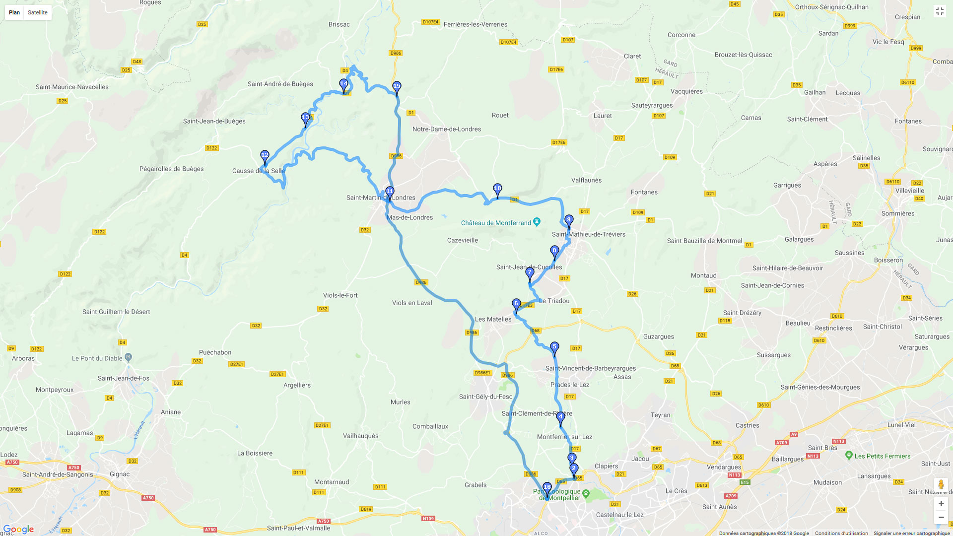 Pour zoomer sur la carte et avoir plus de détails, connectez-vous ! Carte roadbook Boucle au nord de Montpellier