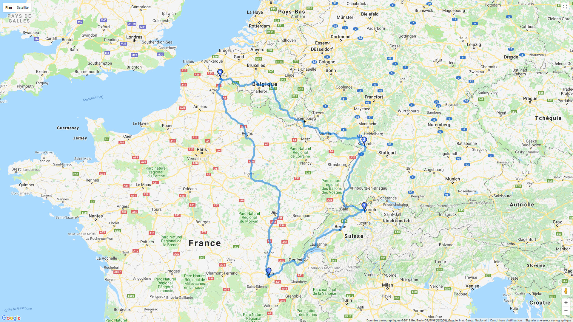Pour zoomer sur la carte et avoir plus de détails, connectez-vous ! Carte roadbook Lille - Lyon par la Suisse