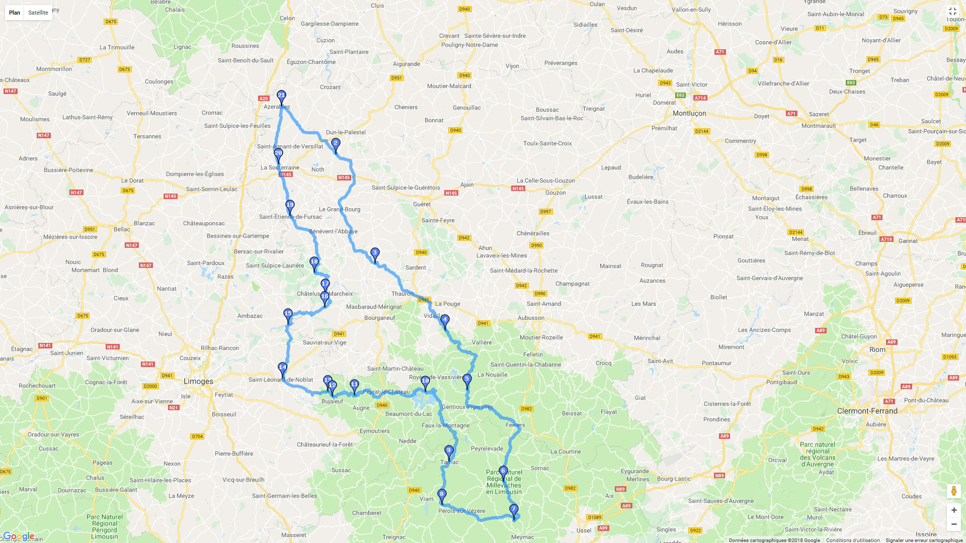 Pour zoomer sur la carte et avoir plus de détails, connectez-vous ! Carte roadbook Monts et rivières du Limousin