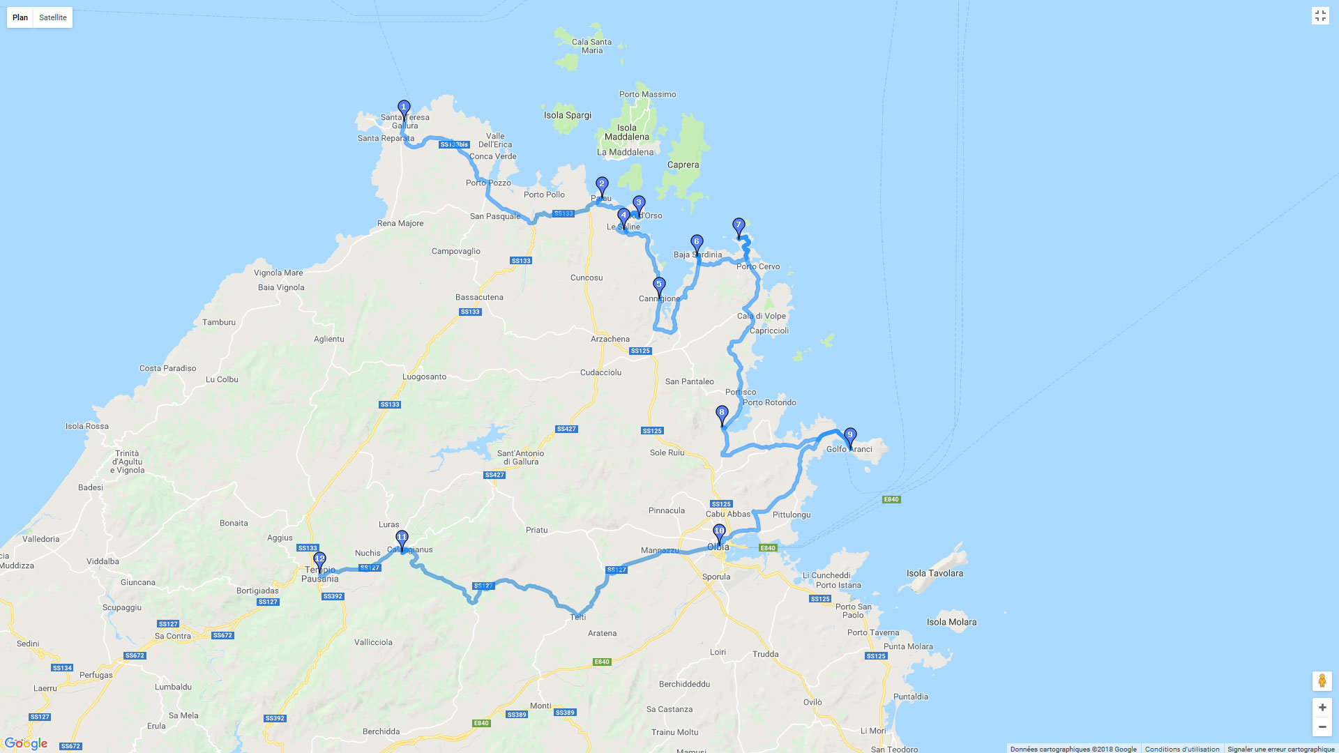 Pour zoomer sur la carte et avoir plus de détails, connectez-vous ! Carte roadbook Tour de Sardaigne - Jour1