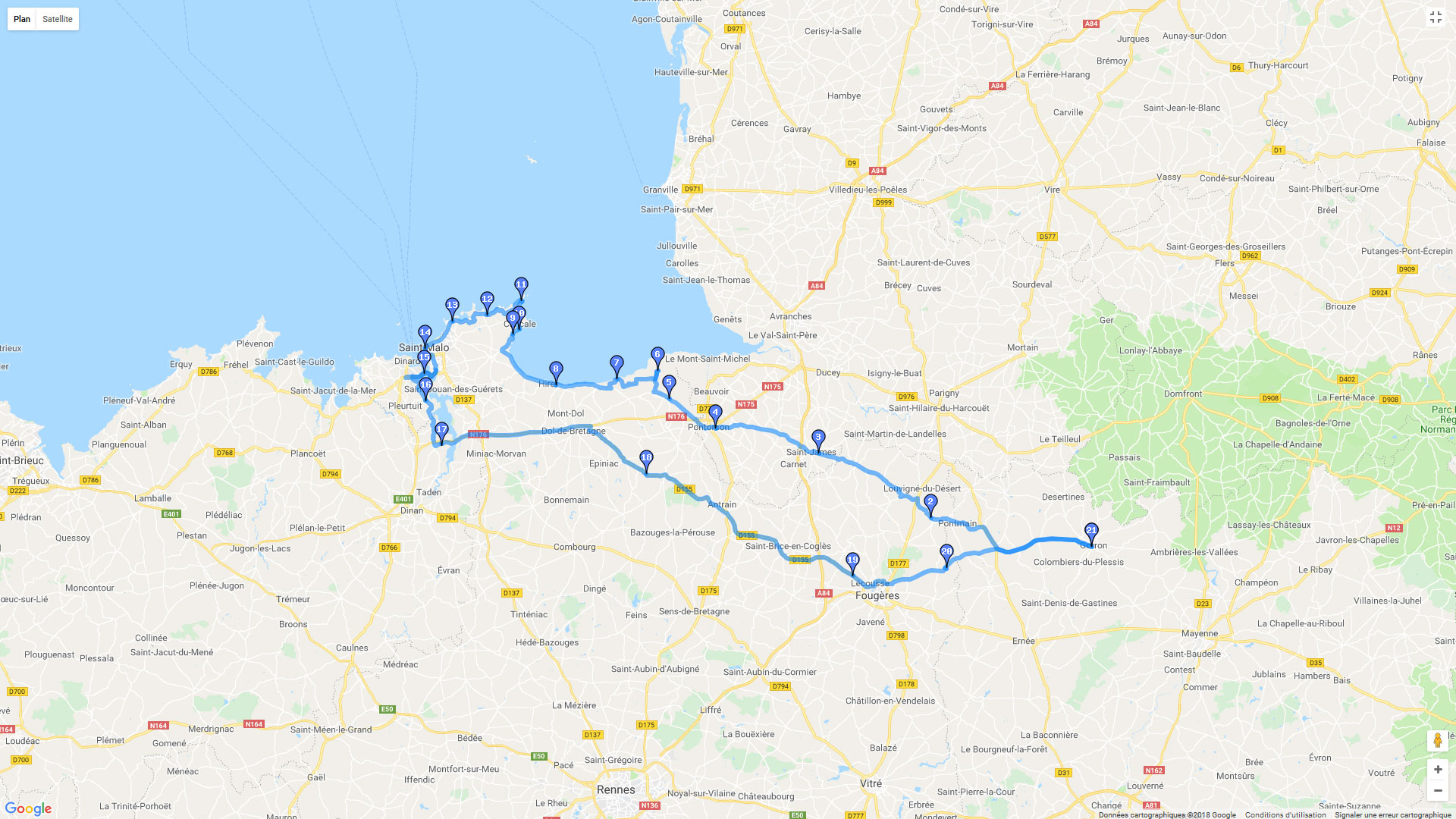 Pour zoomer sur la carte et avoir plus de détails, connectez-vous ! Carte roadbook Gorron - La Pointe du Grouin - St Malo