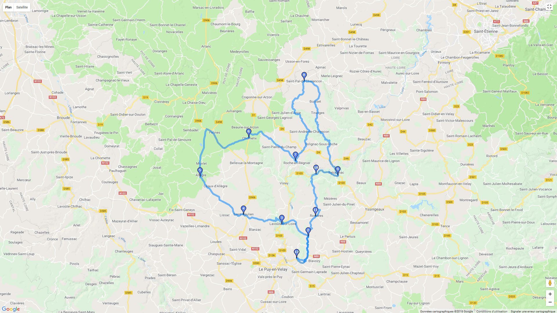 Pour zoomer sur la carte et avoir plus de détails, connectez-vous ! Carte roadbook Boucle au nord du Puy-en-Velay