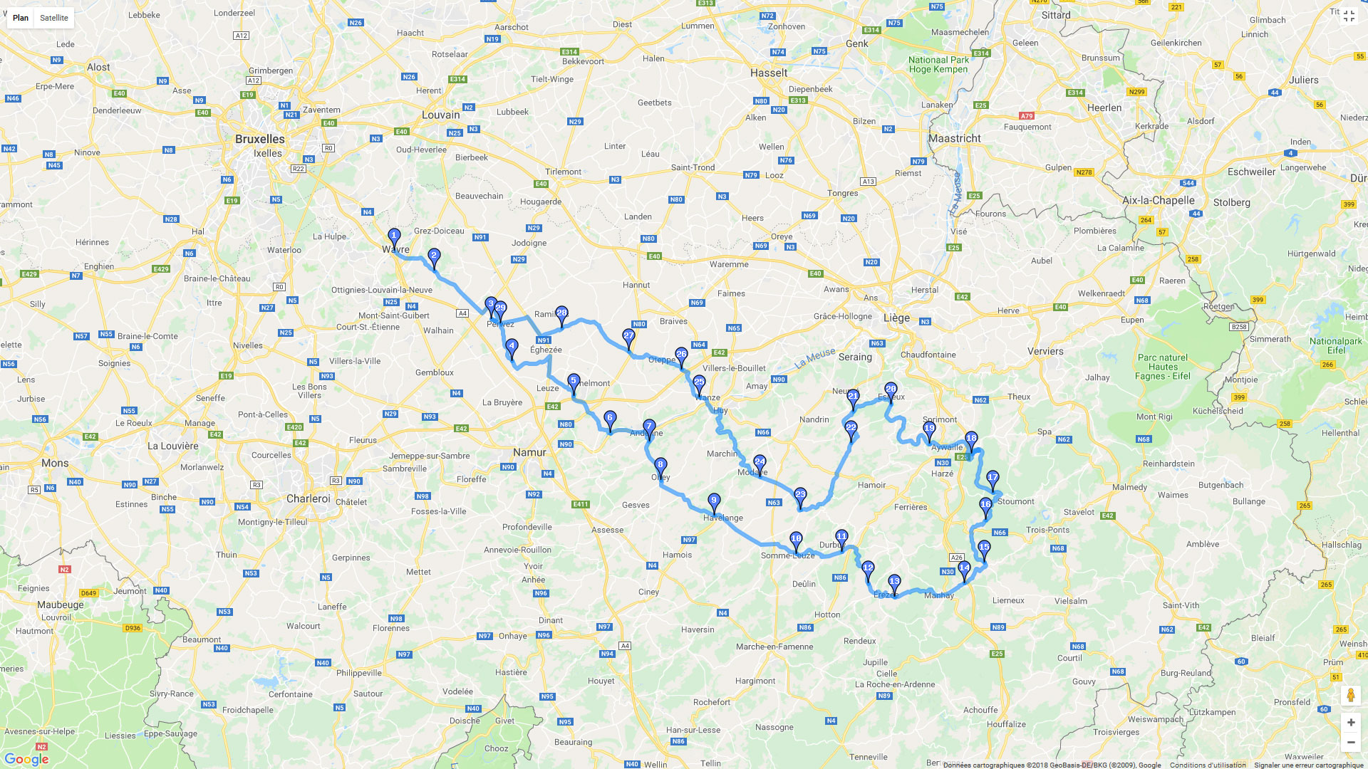 Pour zoomer sur la carte et avoir plus de détails, connectez-vous ! Carte roadbook Wavre - Durbuy - Esneux