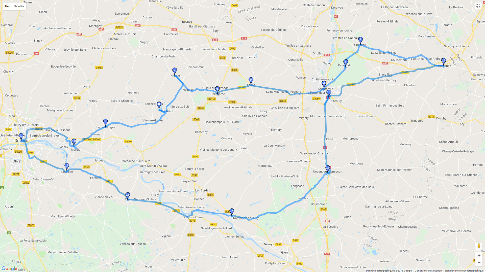 Pour zoomer sur la carte et avoir plus de détails, connectez-vous ! Carte roadbook Entre Gatinais et Orléanais
