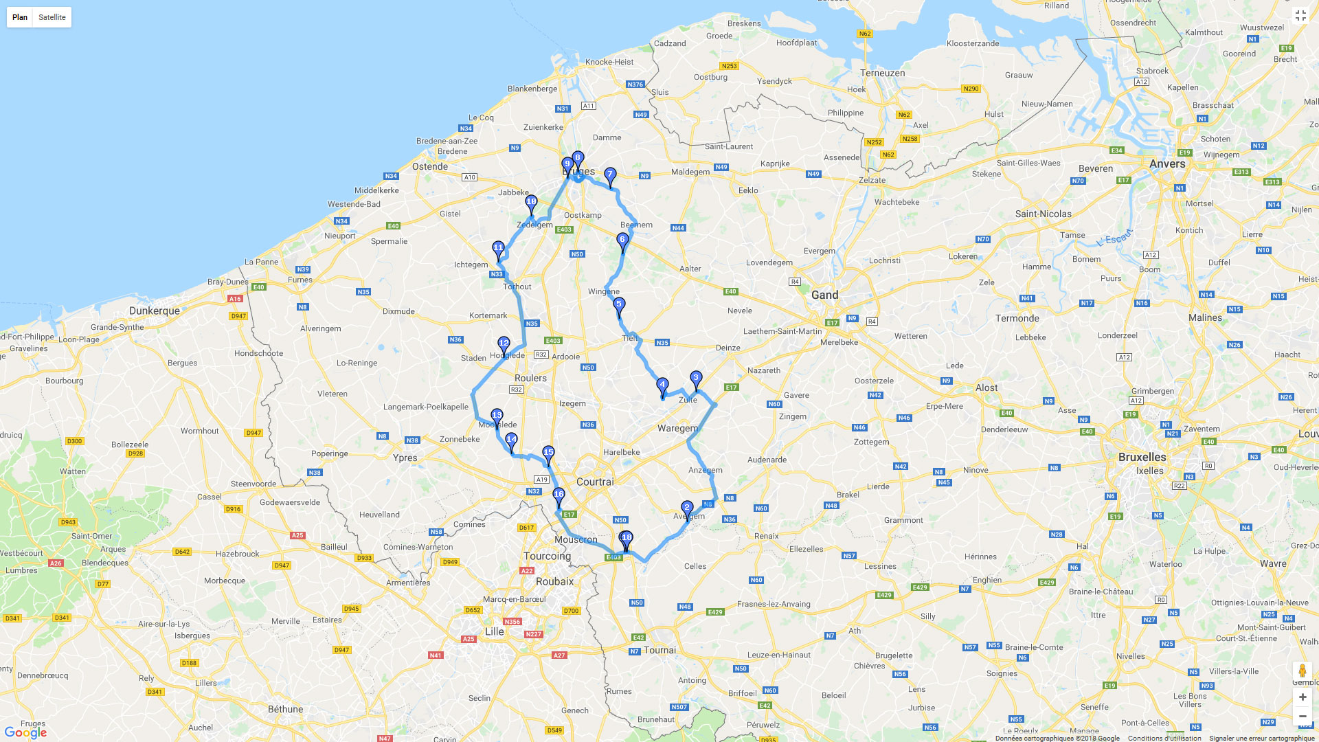 Pour zoomer sur la carte et avoir plus de détails, connectez-vous ! Carte roadbook Direction Bruges