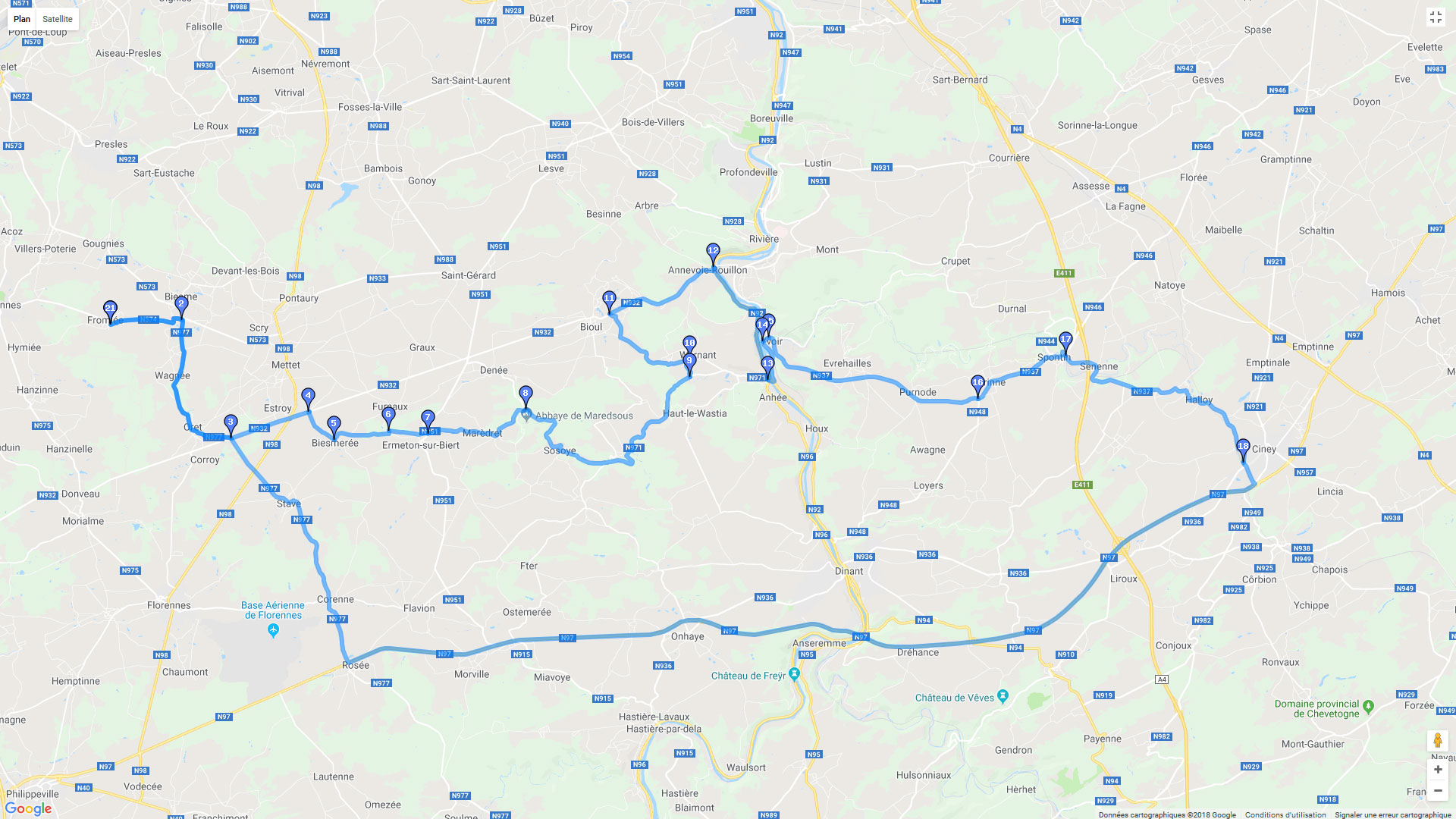 Pour zoomer sur la carte et avoir plus de détails, connectez-vous ! Carte roadbook Mettet - Ciney
