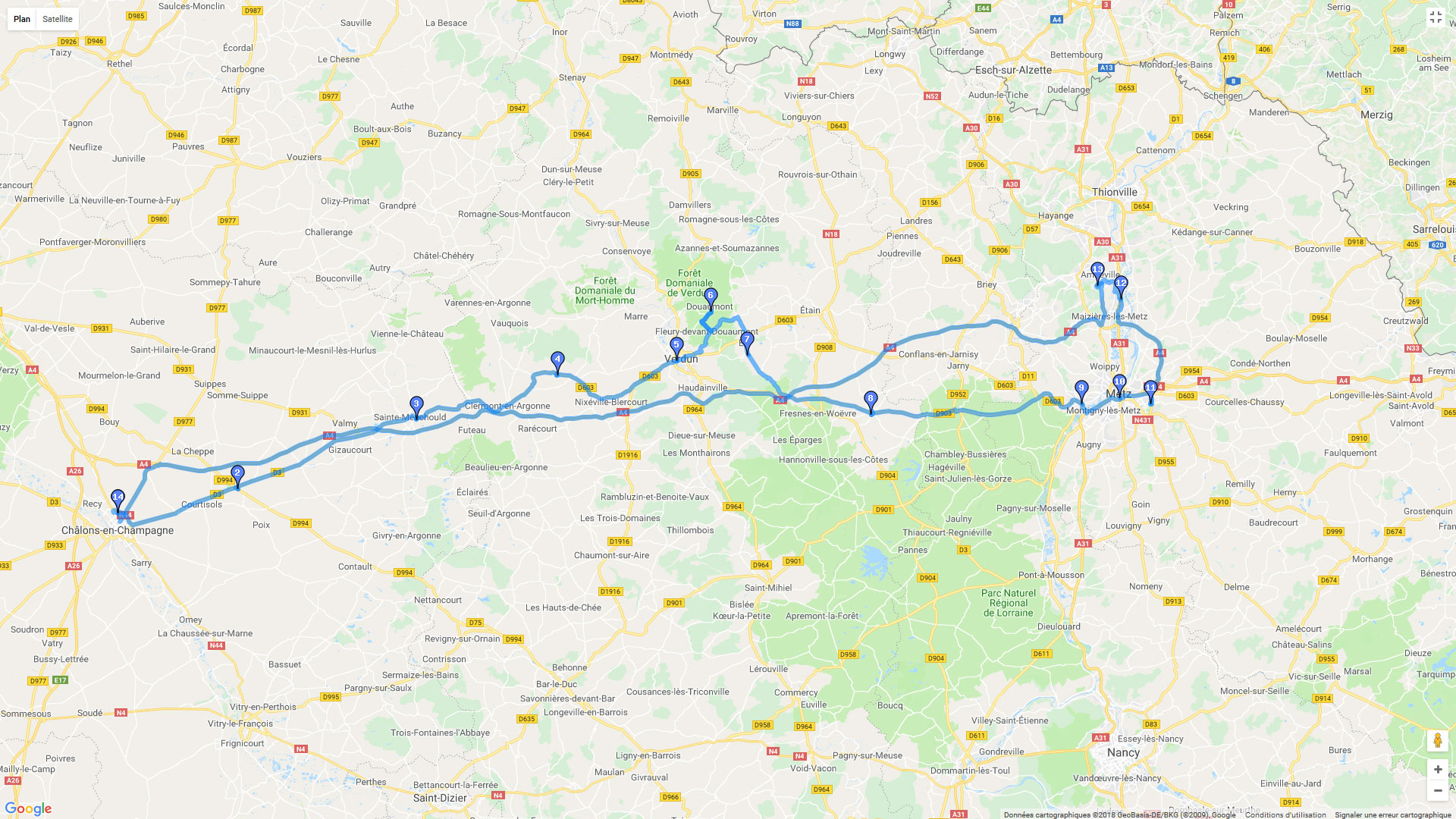 Pour zoomer sur la carte et avoir plus de détails, connectez-vous ! Carte roadbook Balade Chalons - Verdun - Metz