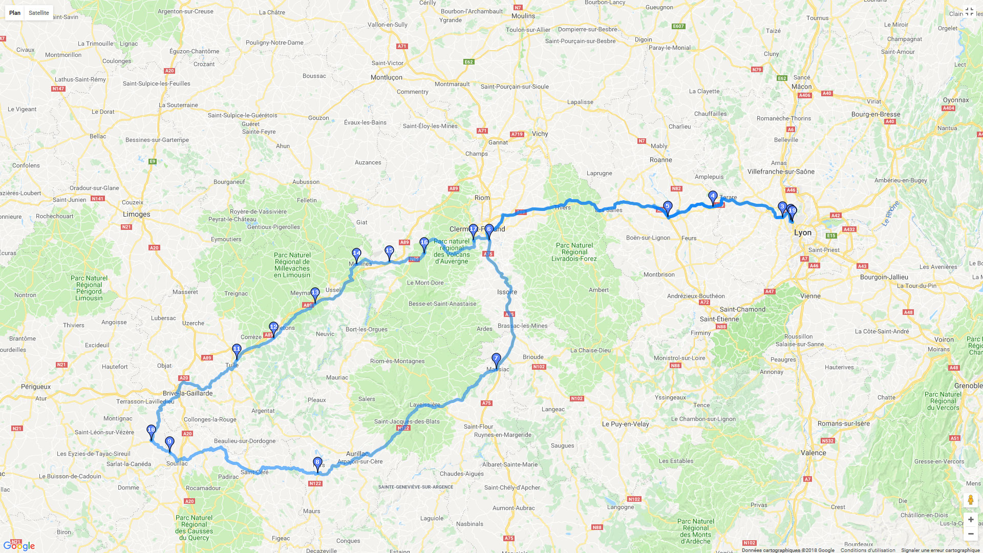 Pour zoomer sur la carte et avoir plus de détails, connectez-vous ! Carte roadbook Lyon - Souillac AR