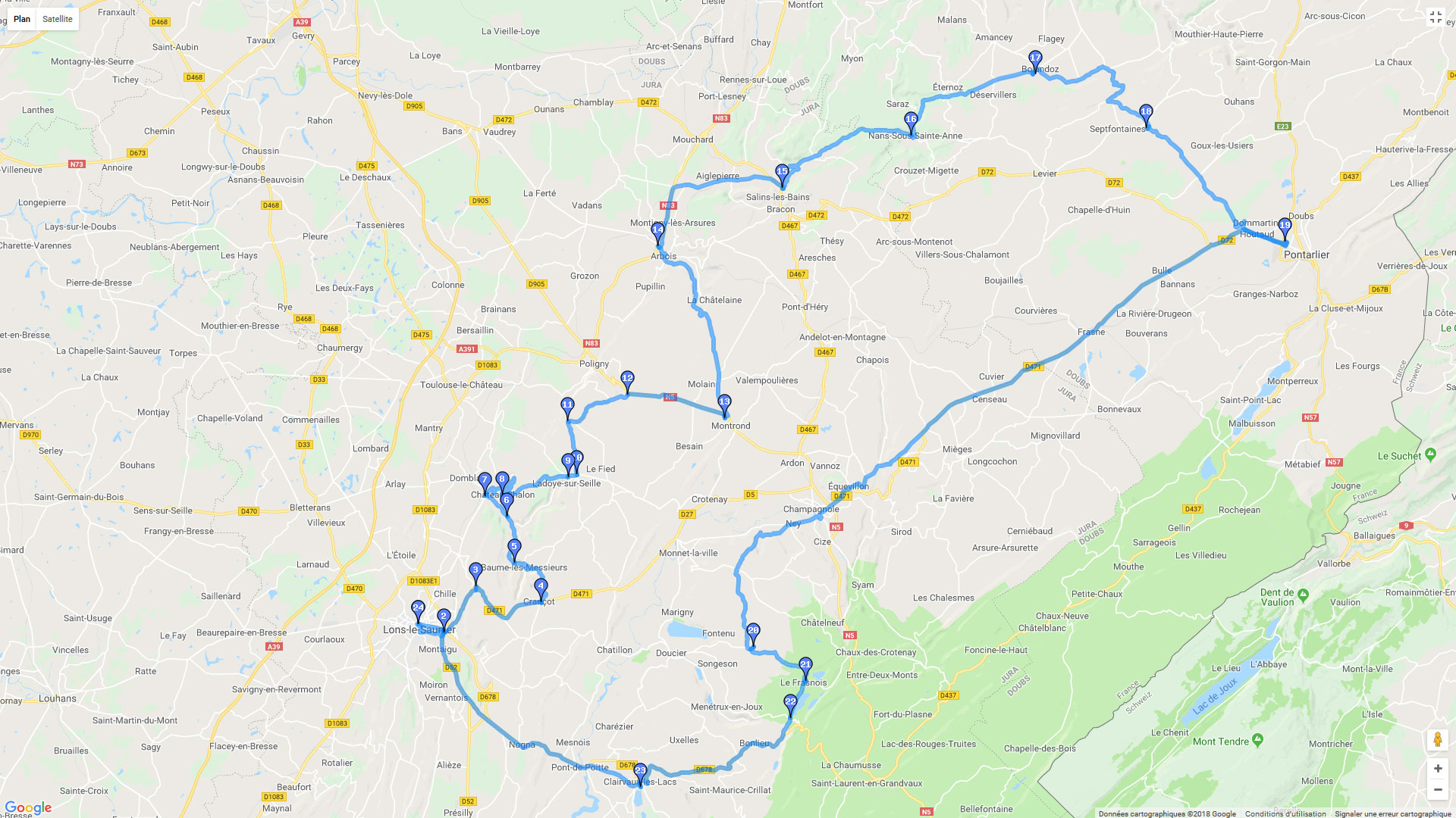 Pour zoomer sur la carte et avoir plus de détails, connectez-vous ! Carte roadbook Entre Jura et Doubs