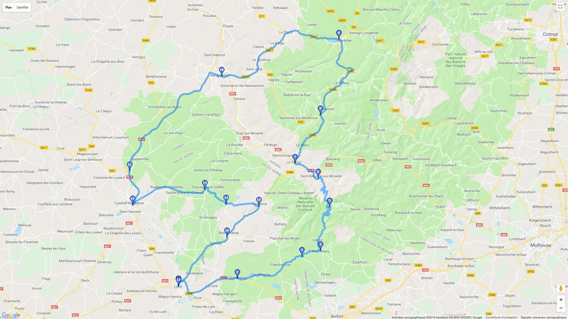 Pour zoomer sur la carte et avoir plus de détails, connectez-vous ! Carte roadbook Balade de Haute Saône vers les Vosges
