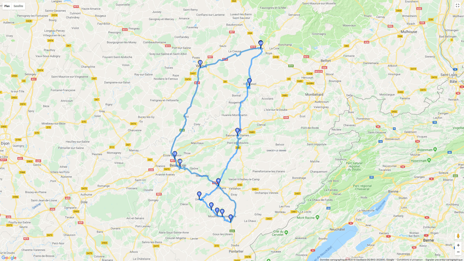 Pour zoomer sur la carte et avoir plus de détails, connectez-vous ! Carte roadbook De la Haute Saône à la vallée de la Loue