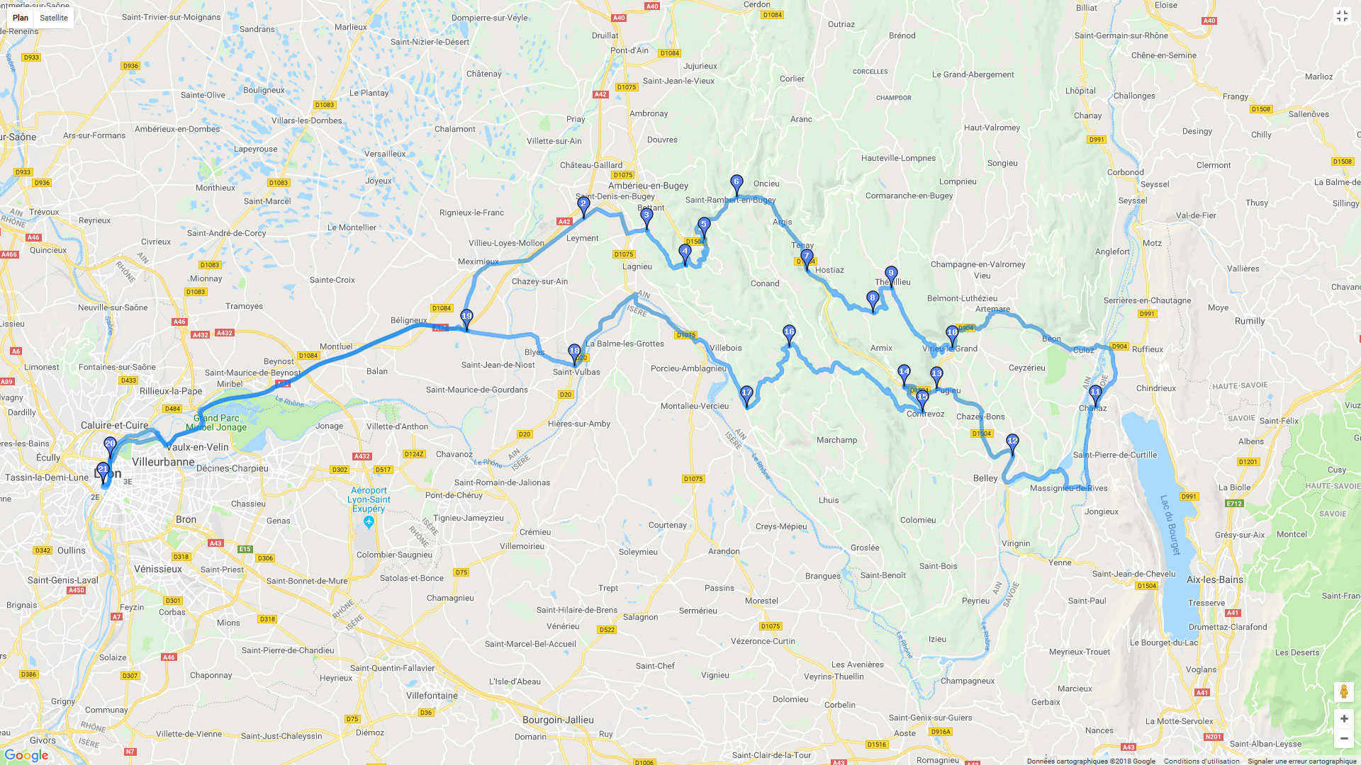 Pour zoomer sur la carte et avoir plus de détails, connectez-vous ! Carte roadbook De Lyon à Chanaz