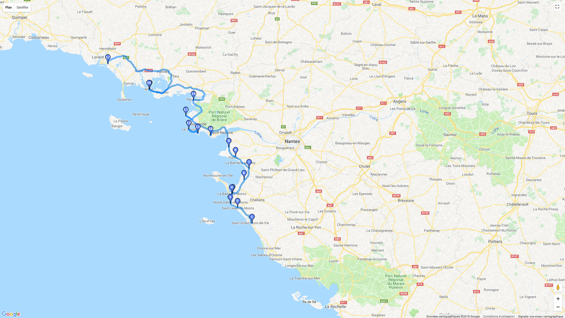 Pour zoomer sur la carte et avoir plus de détails, connectez-vous ! Carte roadbook Les côtes du Morbihan