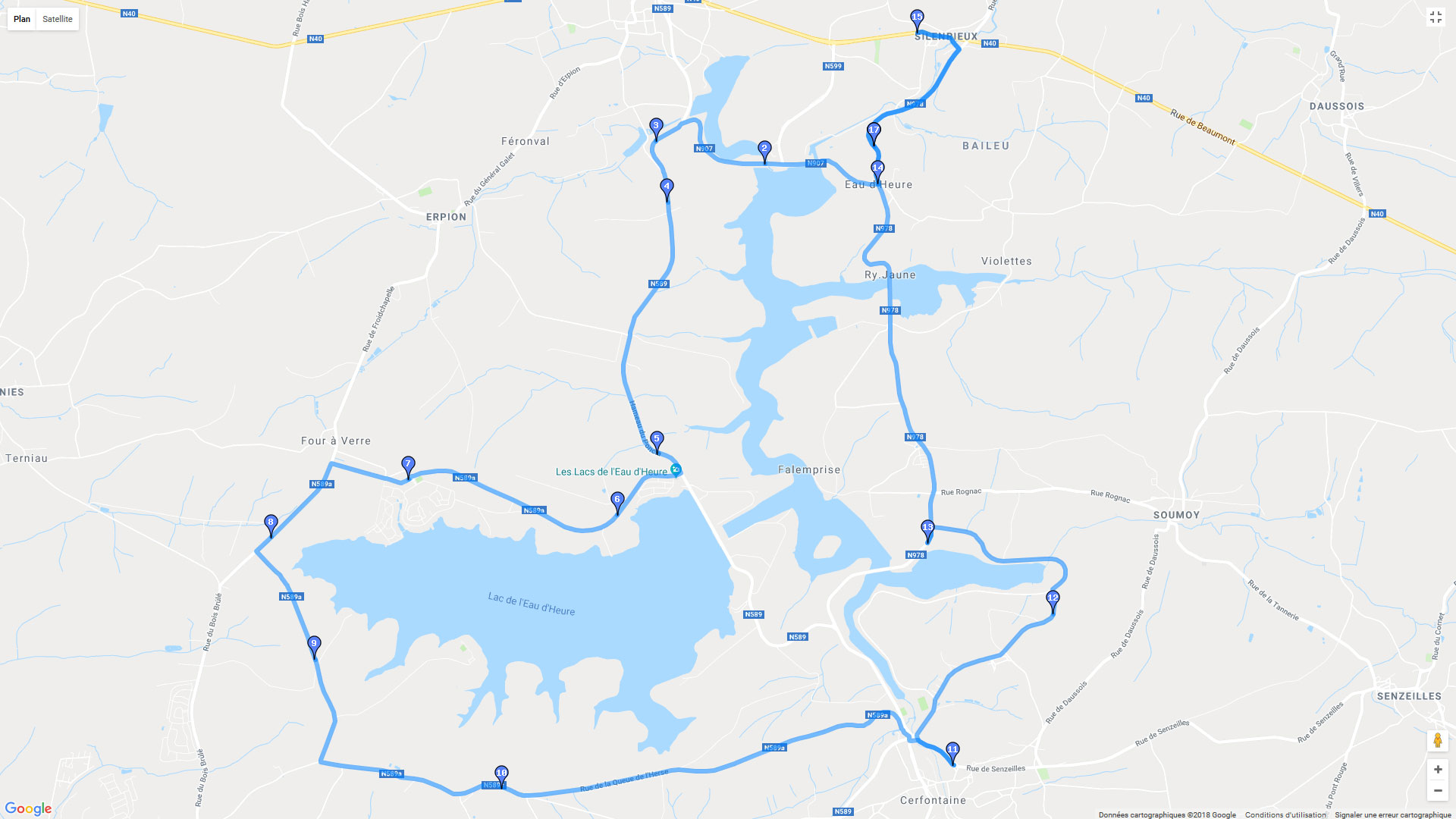 Pour zoomer sur la carte et avoir plus de détails, connectez-vous ! Carte roadbook Barrages de l'Eau d'Heure