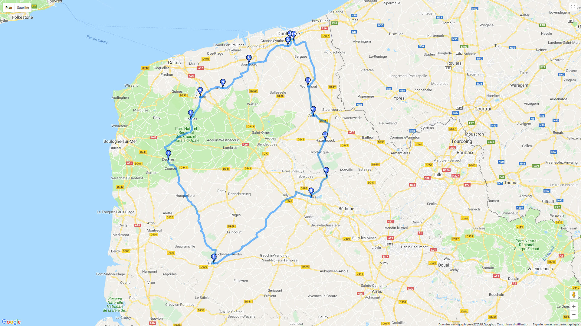 Pour zoomer sur la carte et avoir plus de détails, connectez-vous ! Carte roadbook Tour Nord - Pas-de-Calais