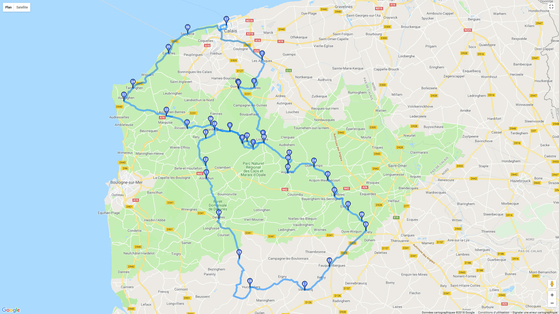 Pour zoomer sur la carte et avoir plus de détails, connectez-vous ! Carte roadbook Calais : arrière pays et côte