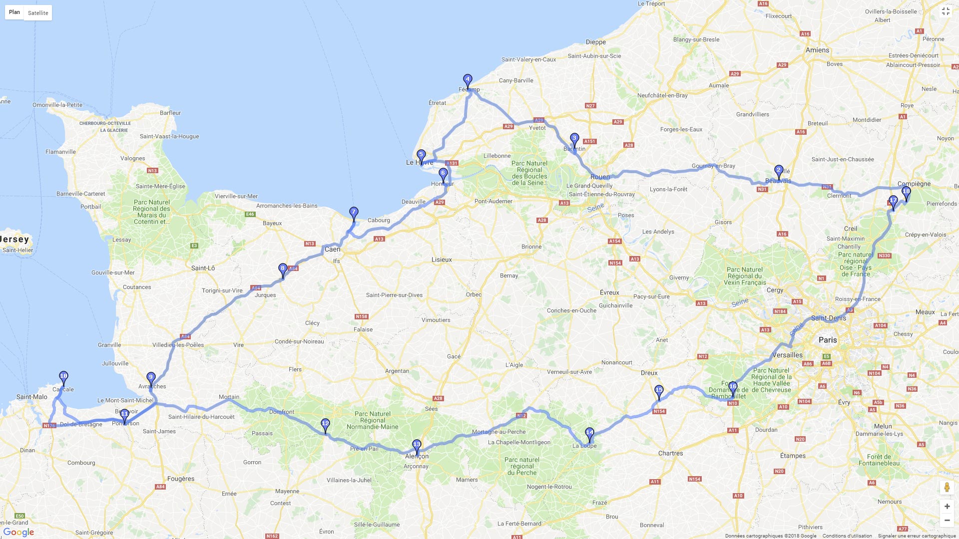 Pour zoomer sur la carte et avoir plus de détails, connectez-vous ! Carte roadbook Normandie en moto