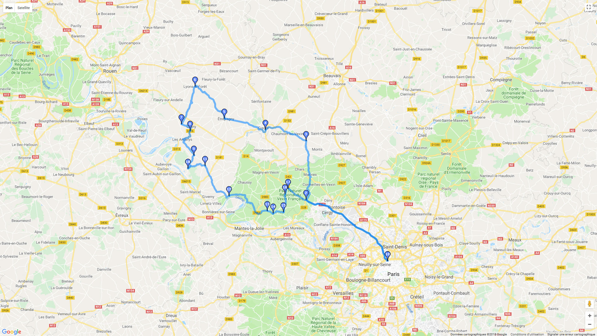 Pour zoomer sur la carte et avoir plus de détails, connectez-vous ! Carte roadbook Boucle dans le Vexin