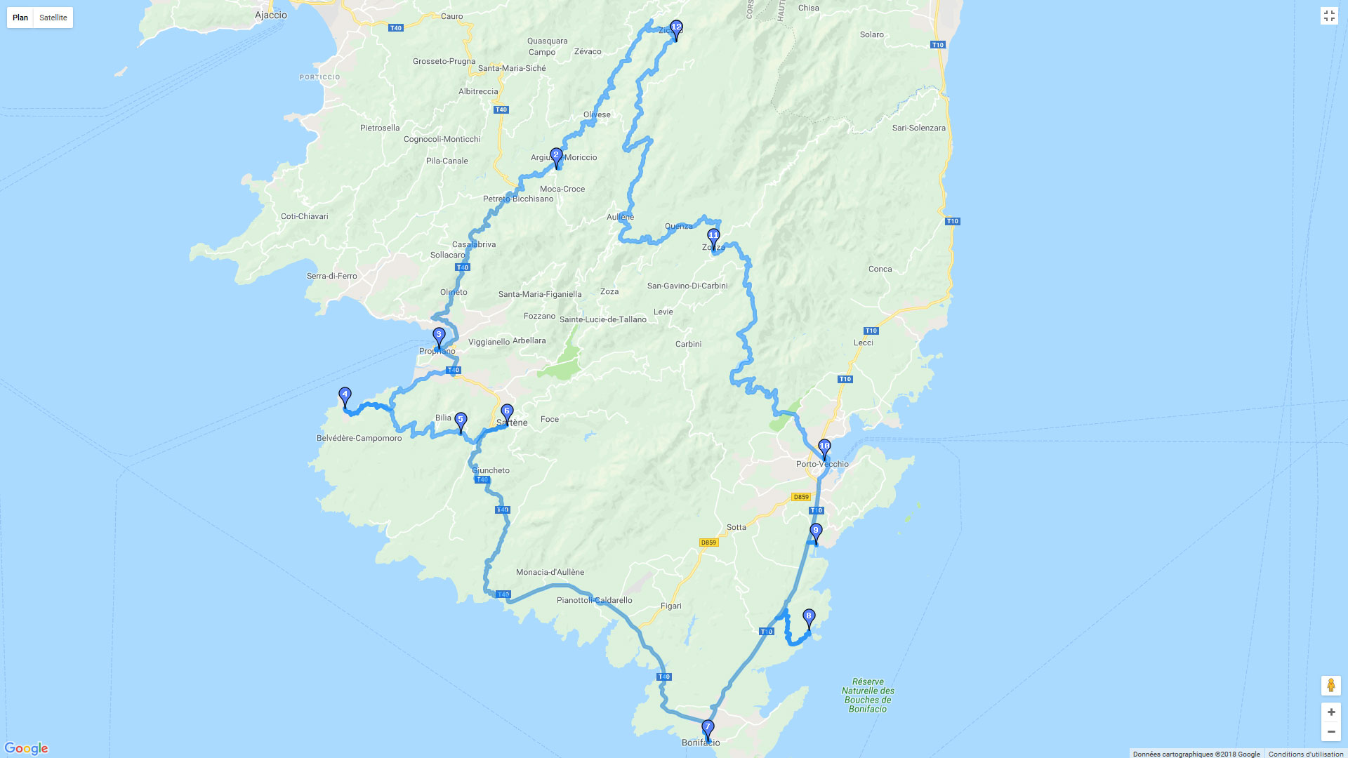 Pour zoomer sur la carte et avoir plus de détails, connectez-vous ! Carte roadbook La Corse du Sud entre terre et mer