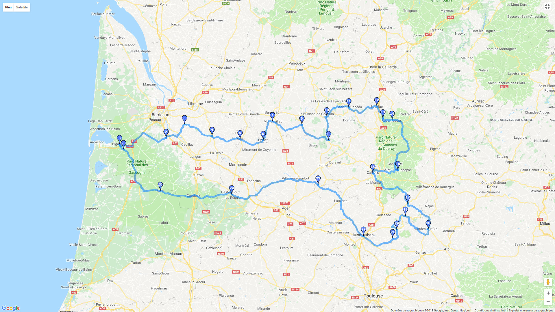 Pour zoomer sur la carte et avoir plus de détails, connectez-vous ! Carte roadbook De la Dordogne au Quercy