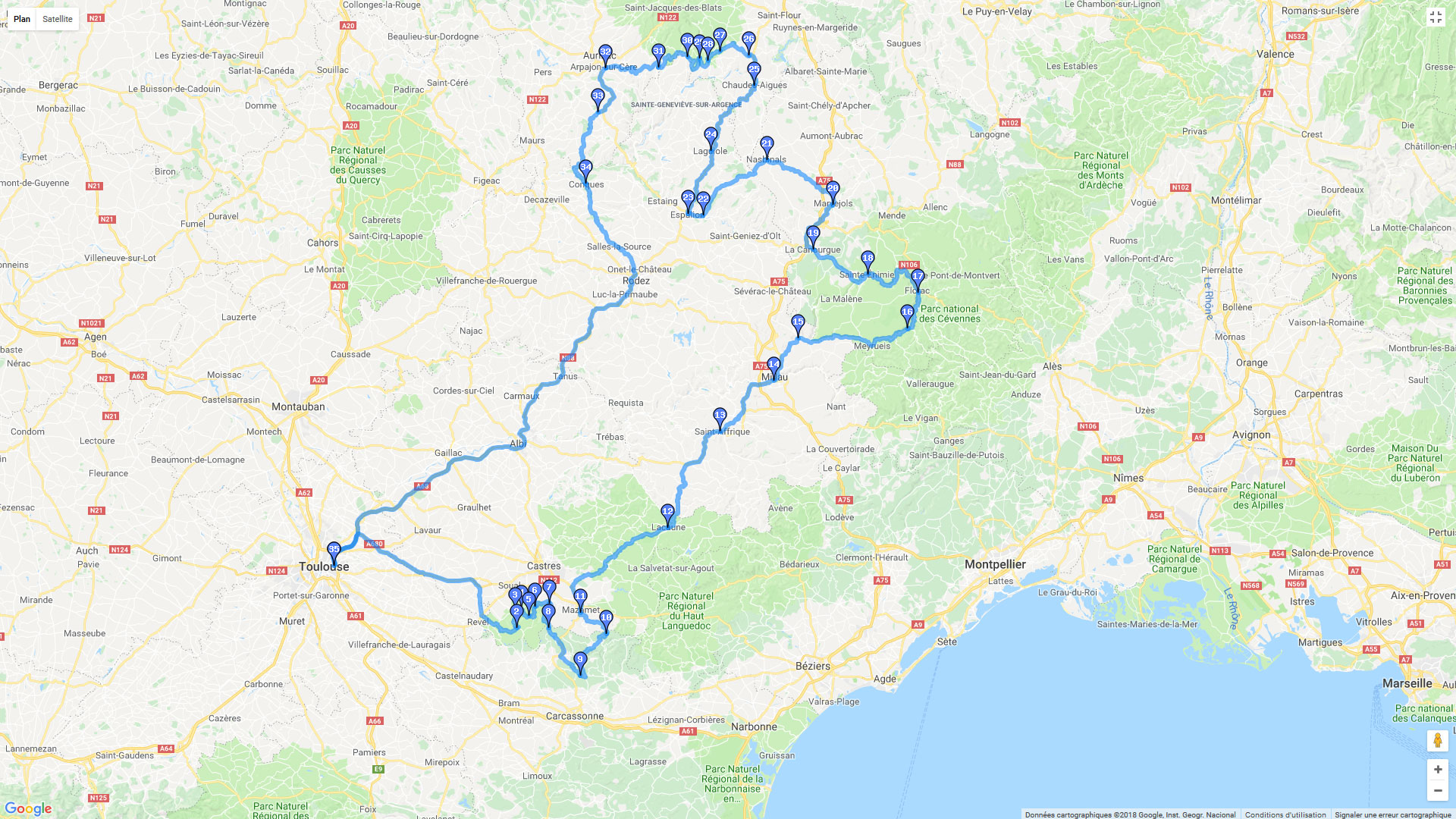 Pour zoomer sur la carte et avoir plus de détails, connectez-vous ! Carte roadbook De Toulouse à l'Aubrac