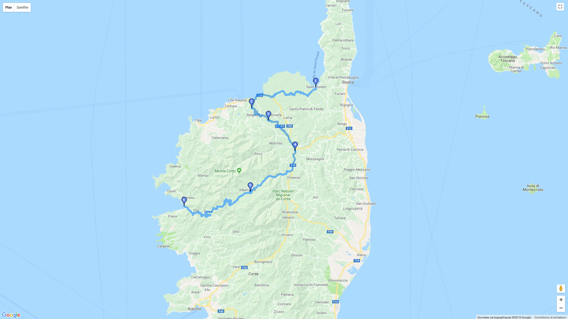 Pour zoomer sur la carte et avoir plus de détails, connectez-vous ! Carte roadbook Corse et Sardaigne - J2