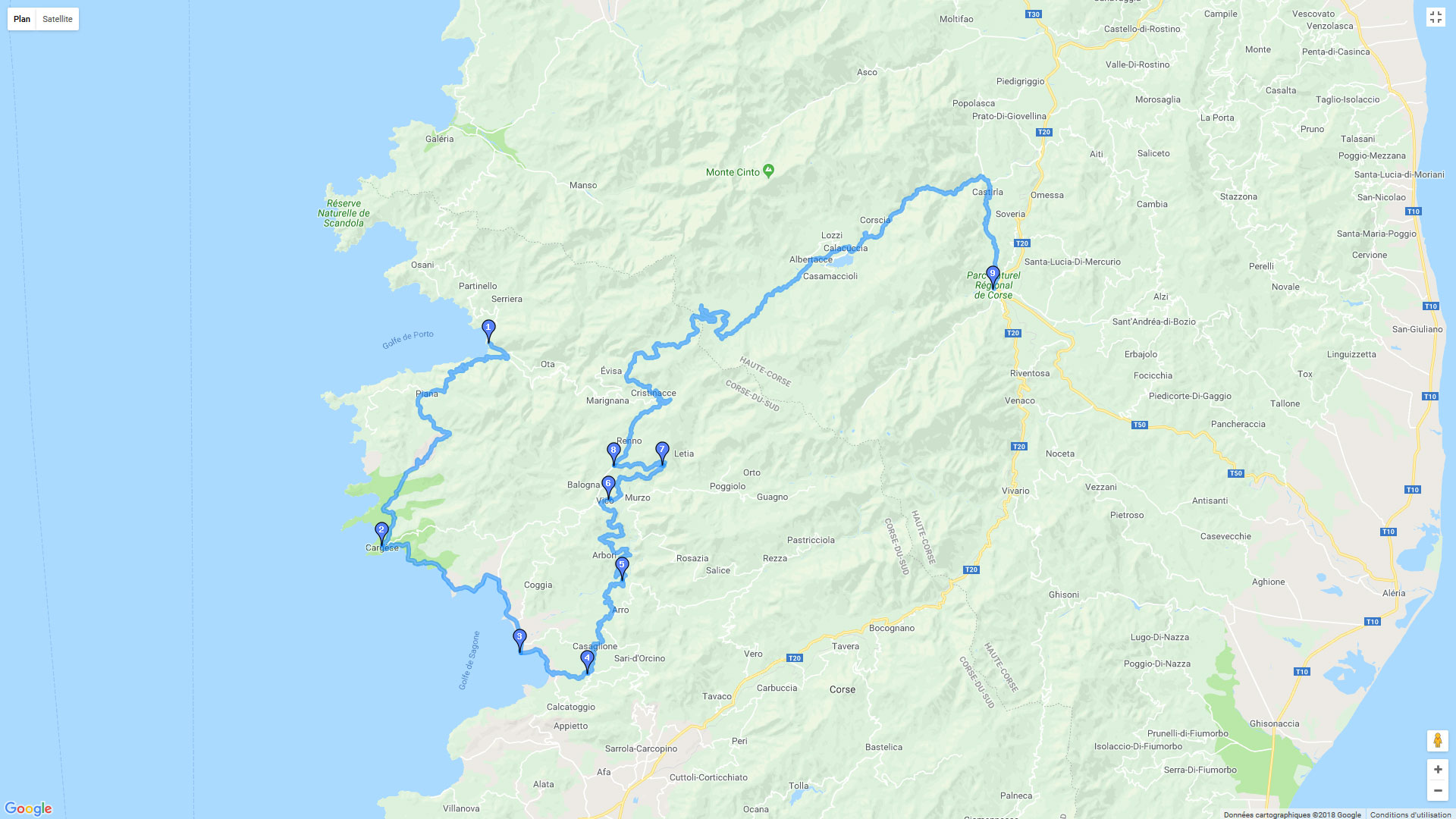 Pour zoomer sur la carte et avoir plus de détails, connectez-vous ! Carte roadbook Corse et Sardaigne - J3