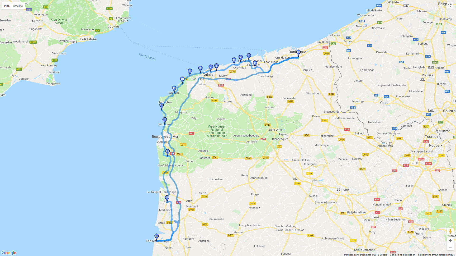 Pour zoomer sur la carte et avoir plus de détails, connectez-vous ! Carte roadbook Dunkerque - Fort Mahon