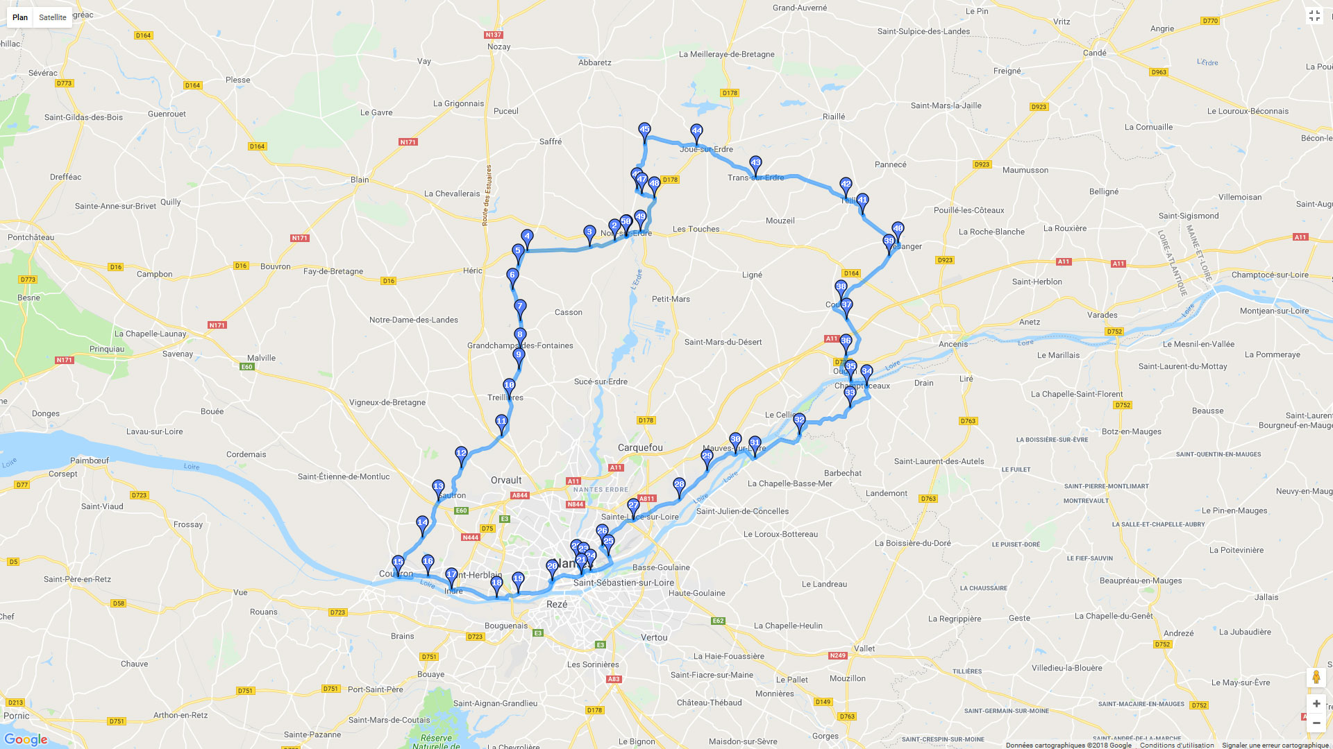 Pour zoomer sur la carte et avoir plus de détails, connectez-vous ! Carte roadbook Autour de Nantes
