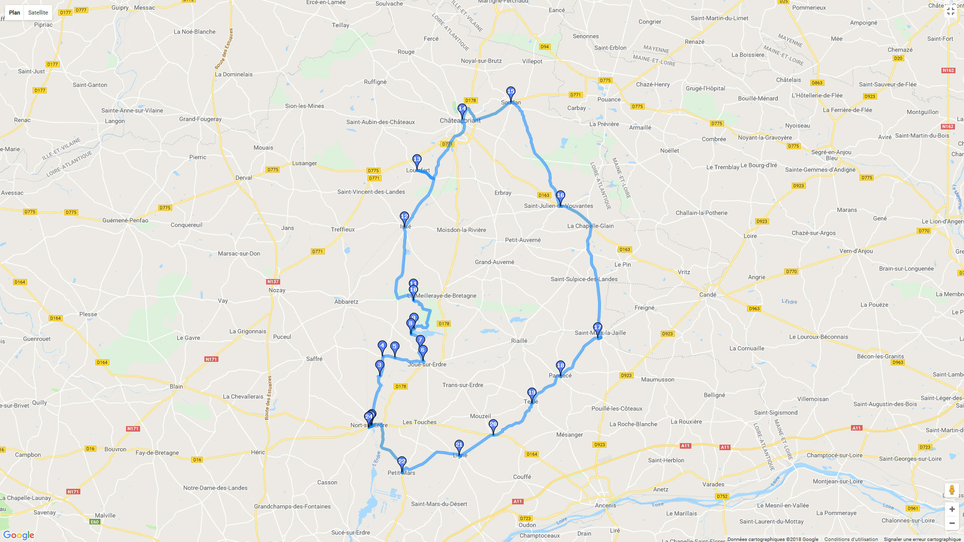 Pour zoomer sur la carte et avoir plus de détails, connectez-vous ! Carte roadbook Châteaubriant