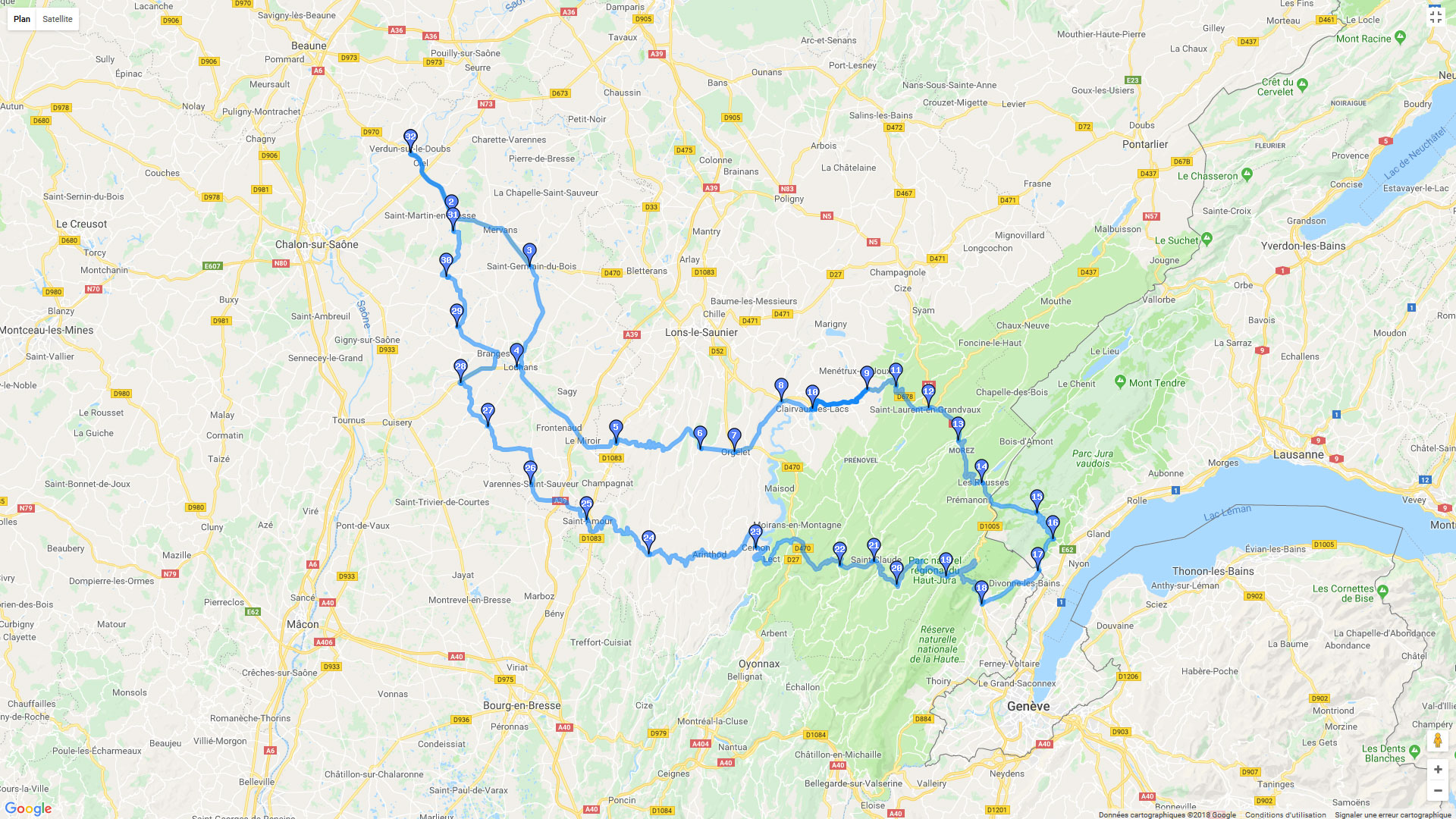 Pour zoomer sur la carte et avoir plus de détails, connectez-vous ! Carte roadbook Jura et Suisse