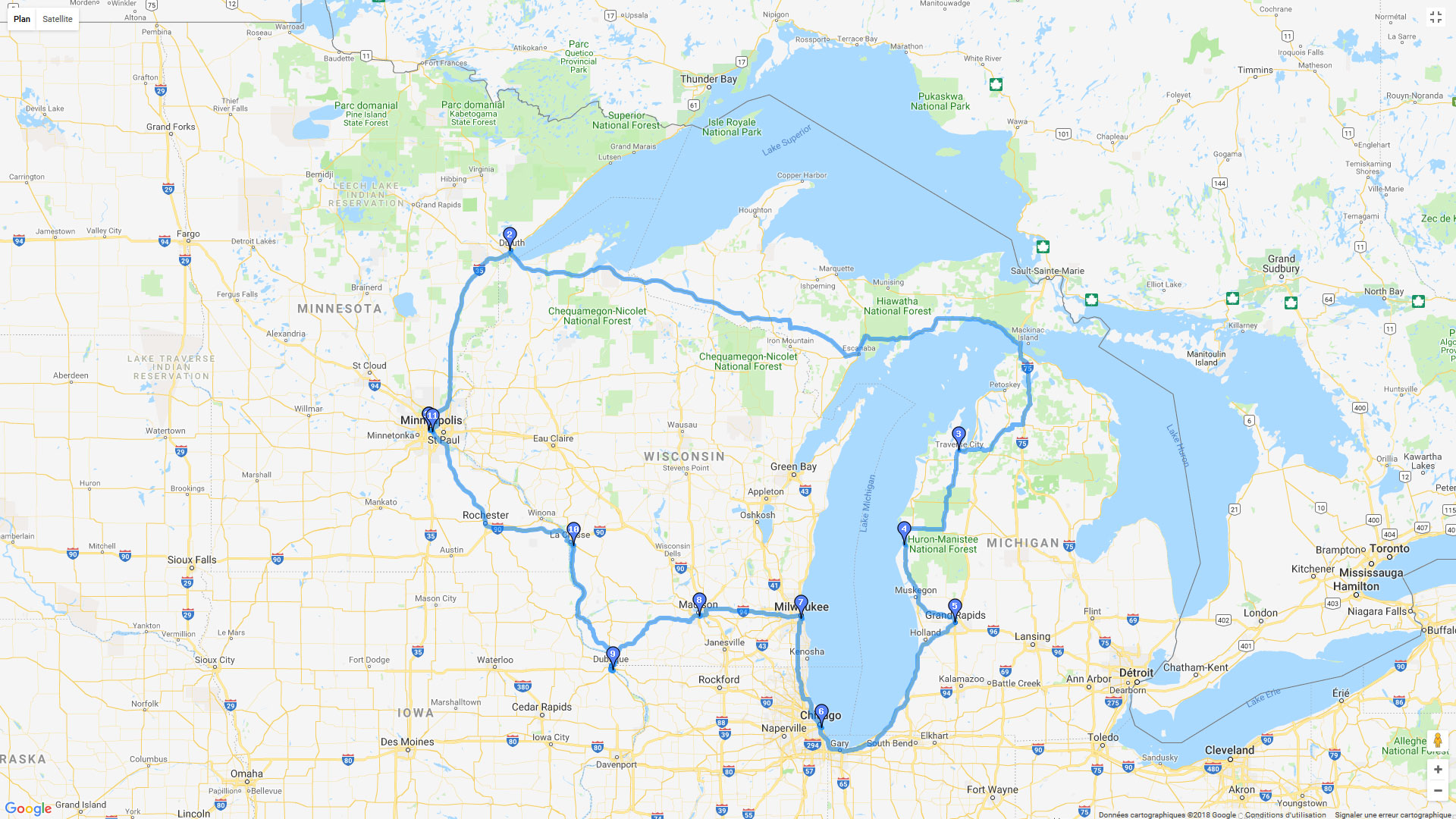 Pour zoomer sur la carte et avoir plus de détails, connectez-vous ! Carte roadbook Les lacs américains