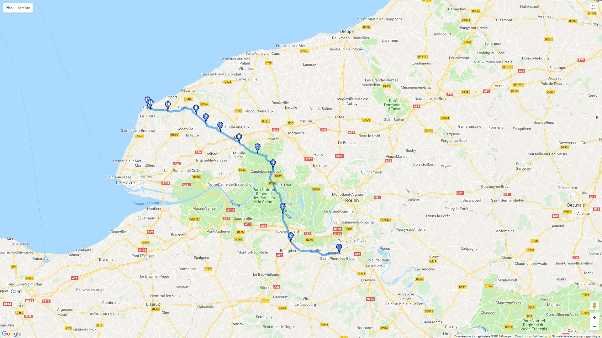 Pour zoomer sur la carte et avoir plus de détails, connectez-vous ! Carte roadbook Rouen - Etretat