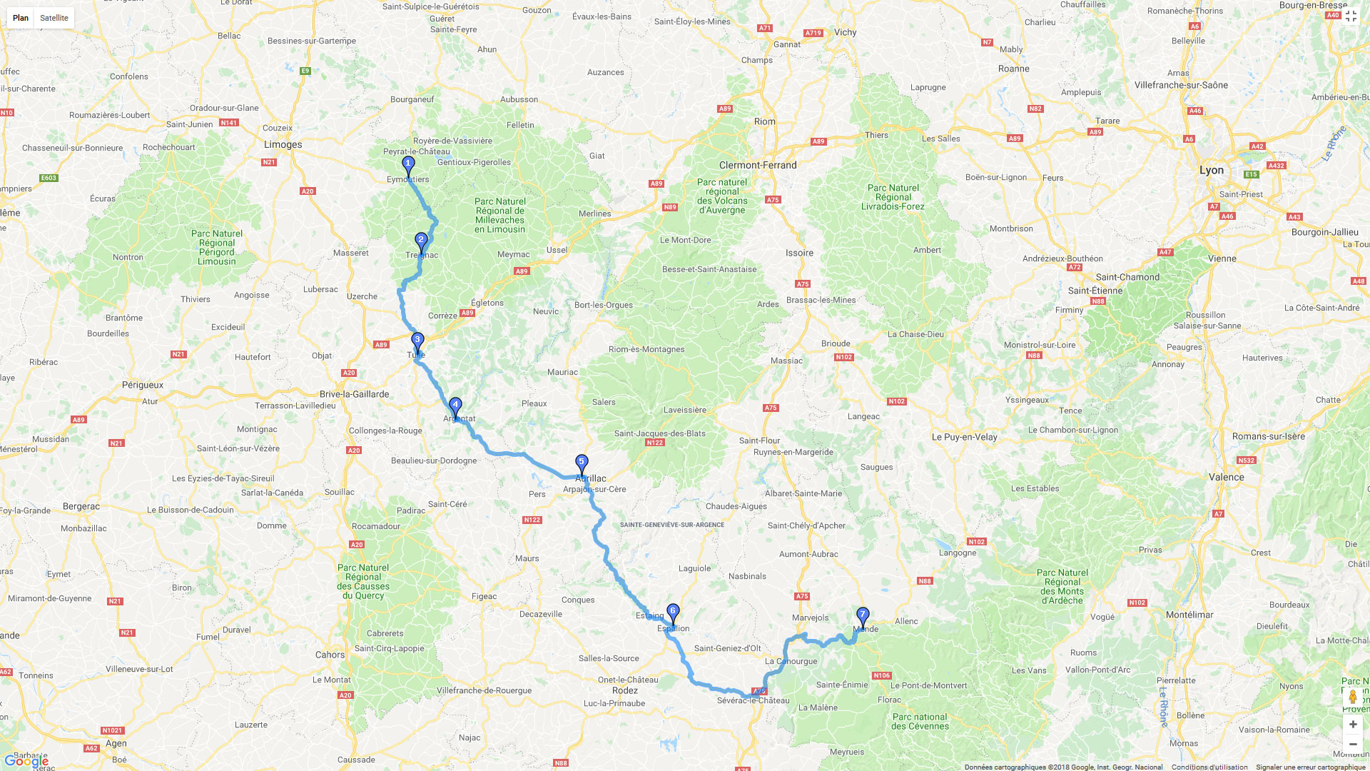 Pour zoomer sur la carte et avoir plus de détails, connectez-vous ! Carte roadbook Eymoutiers - Mende