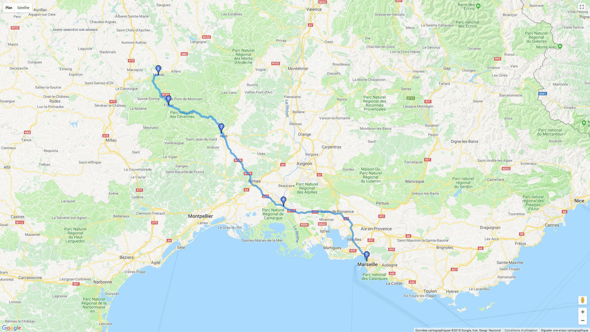 Pour zoomer sur la carte et avoir plus de détails, connectez-vous ! Carte roadbook Mende - Marseille