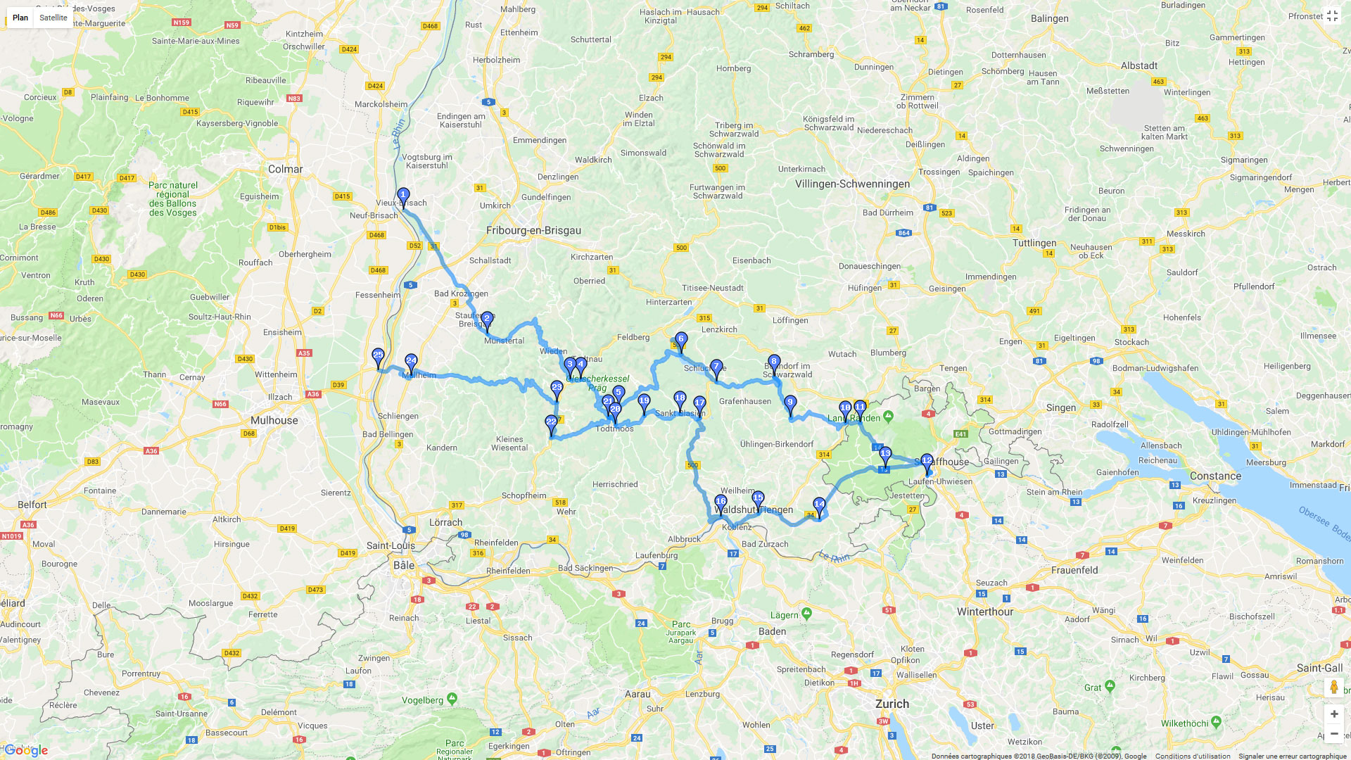 Pour zoomer sur la carte et avoir plus de détails, connectez-vous ! Carte roadbook Chutes du Rhin