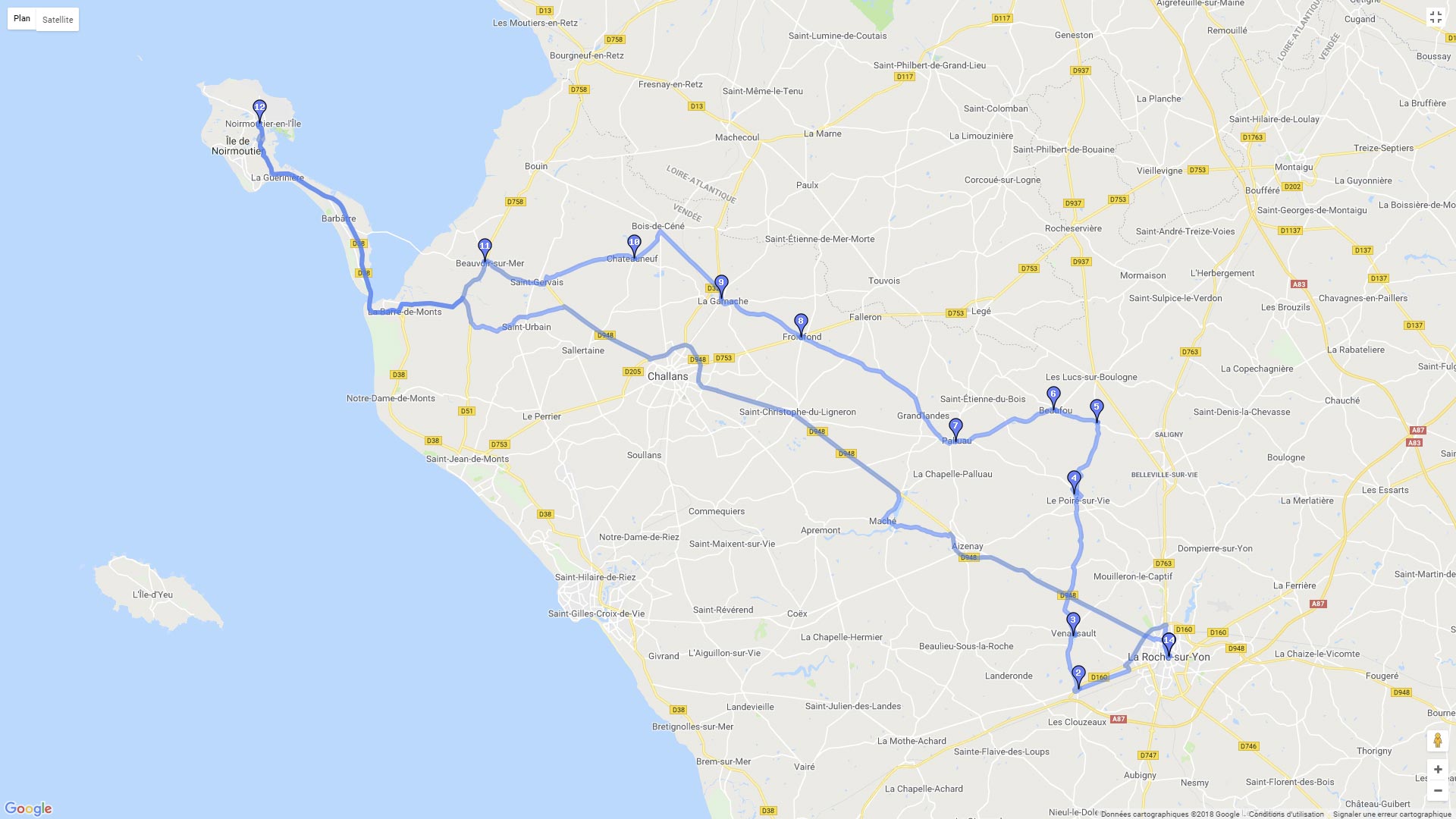 Pour zoomer sur la carte et avoir plus de détails, connectez-vous ! Carte roadbook Vers l'île de Noirmoutier