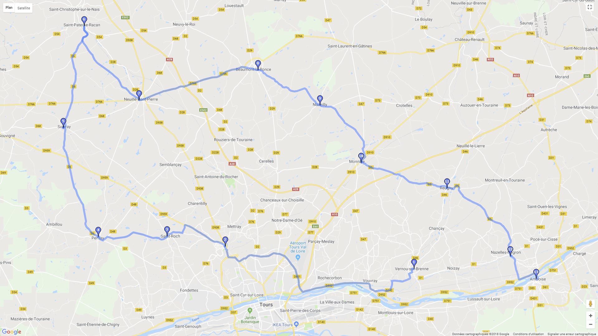 Pour zoomer sur la carte et avoir plus de détails, connectez-vous ! Carte roadbook Autour de Tours